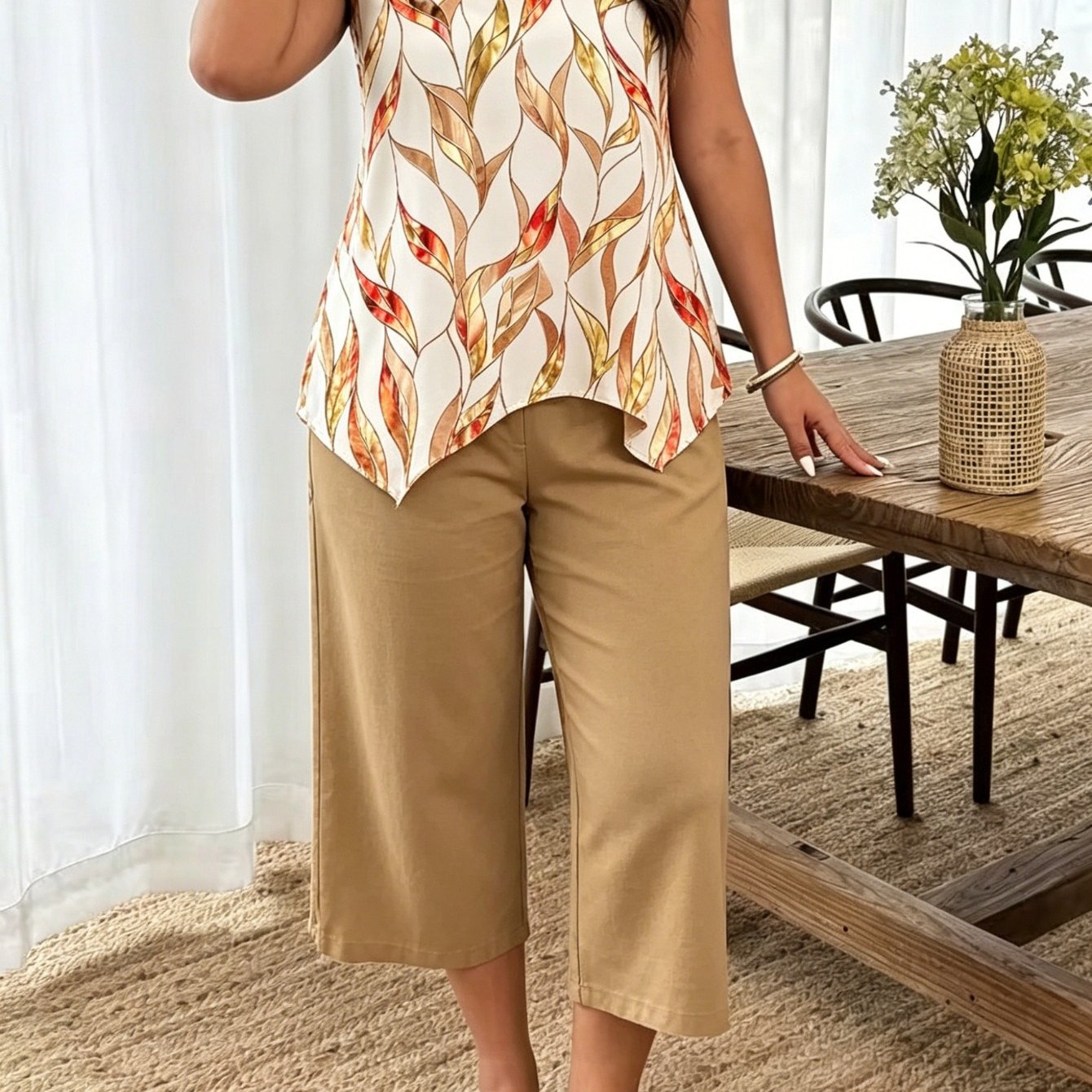 Plus Size - Plus Size - Plus-size Women's Suit, Suitable For - Featuring Sleeveless Design And Flower-patterned Pocket 7-inch Pants, Fully Enjoy The Plus-size Casual