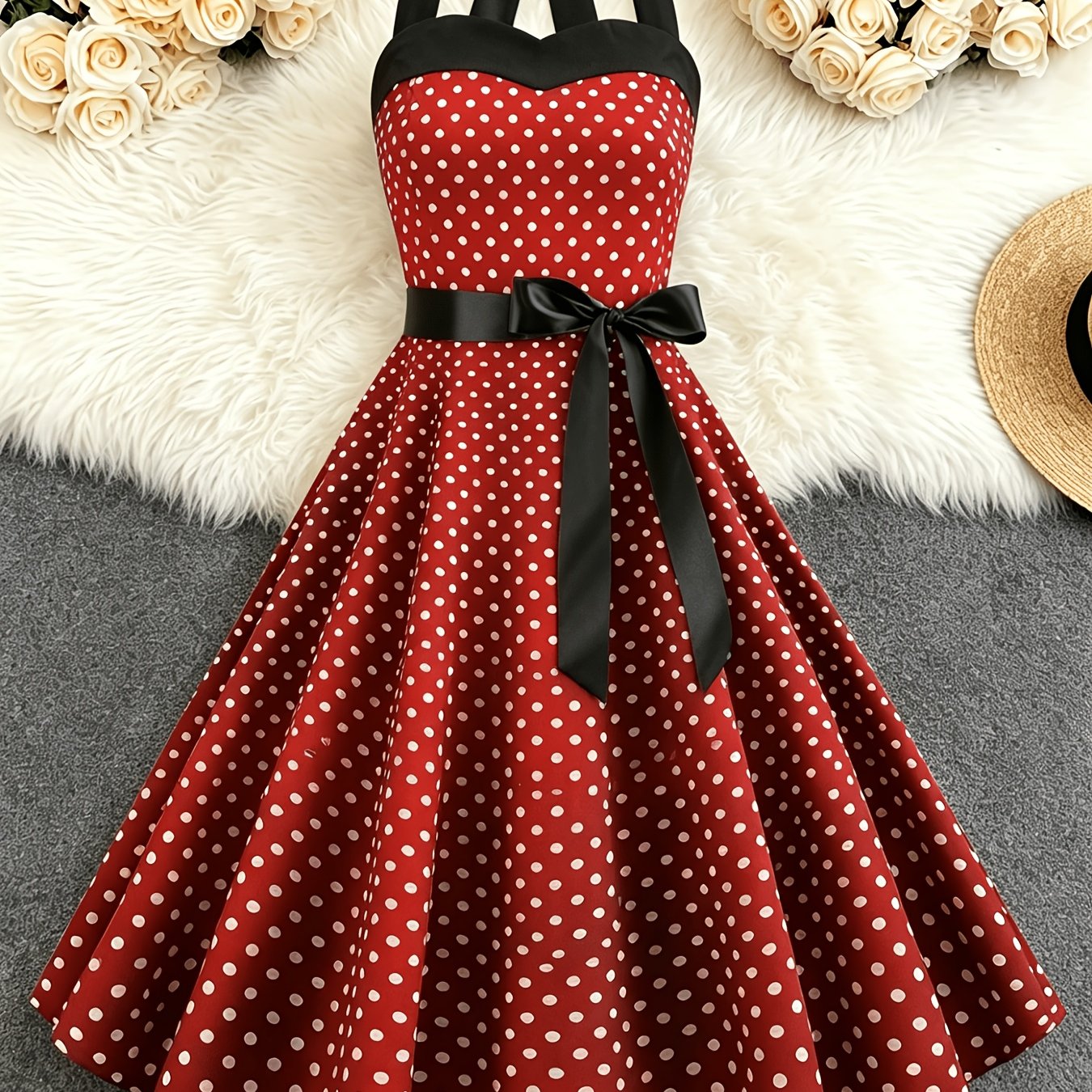 Image of Fashion Women's Summer Dress With Strappy Design And Polka Dots. Wide-skirted Retro Style Dress