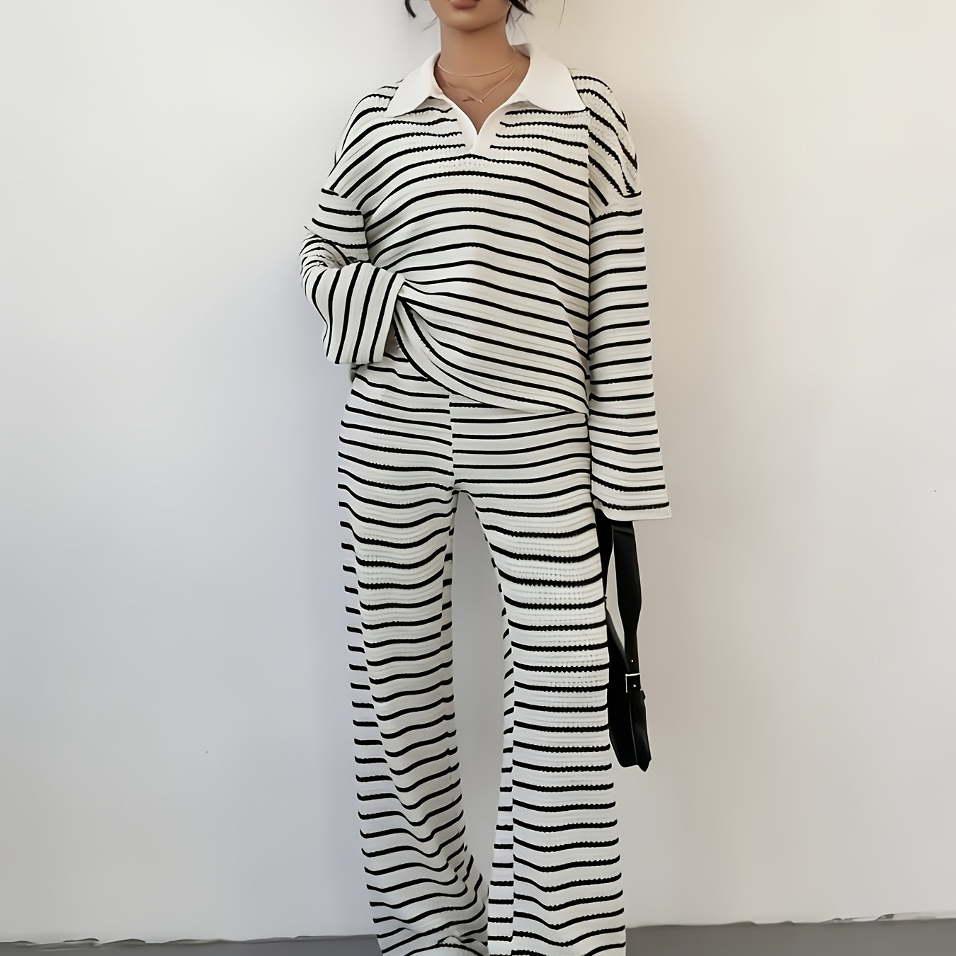 TEMU Women's Spring Summer Autumn Striped Hollow Out Casual V-neck Long Sleeve Long Pants Women's Set Elastic Waist Comfortable Two-piece Set