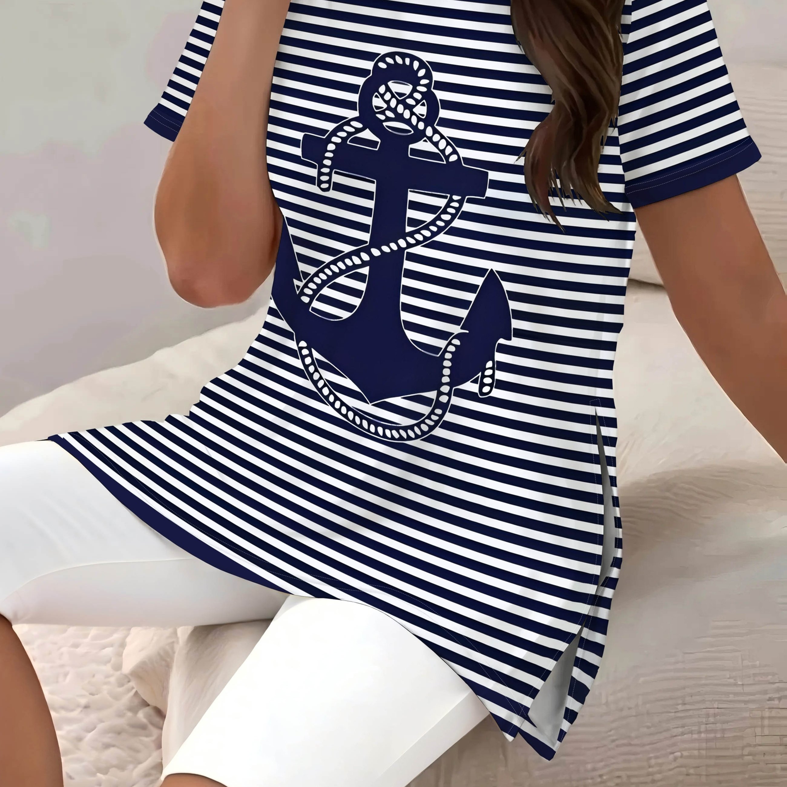 TEMU Navy-style Blue And White Striped Anchor Print T-shirt, Side-slit Long Casual Top, Loose-fitting Short-sleeved Blouse, Elegant Women's Top