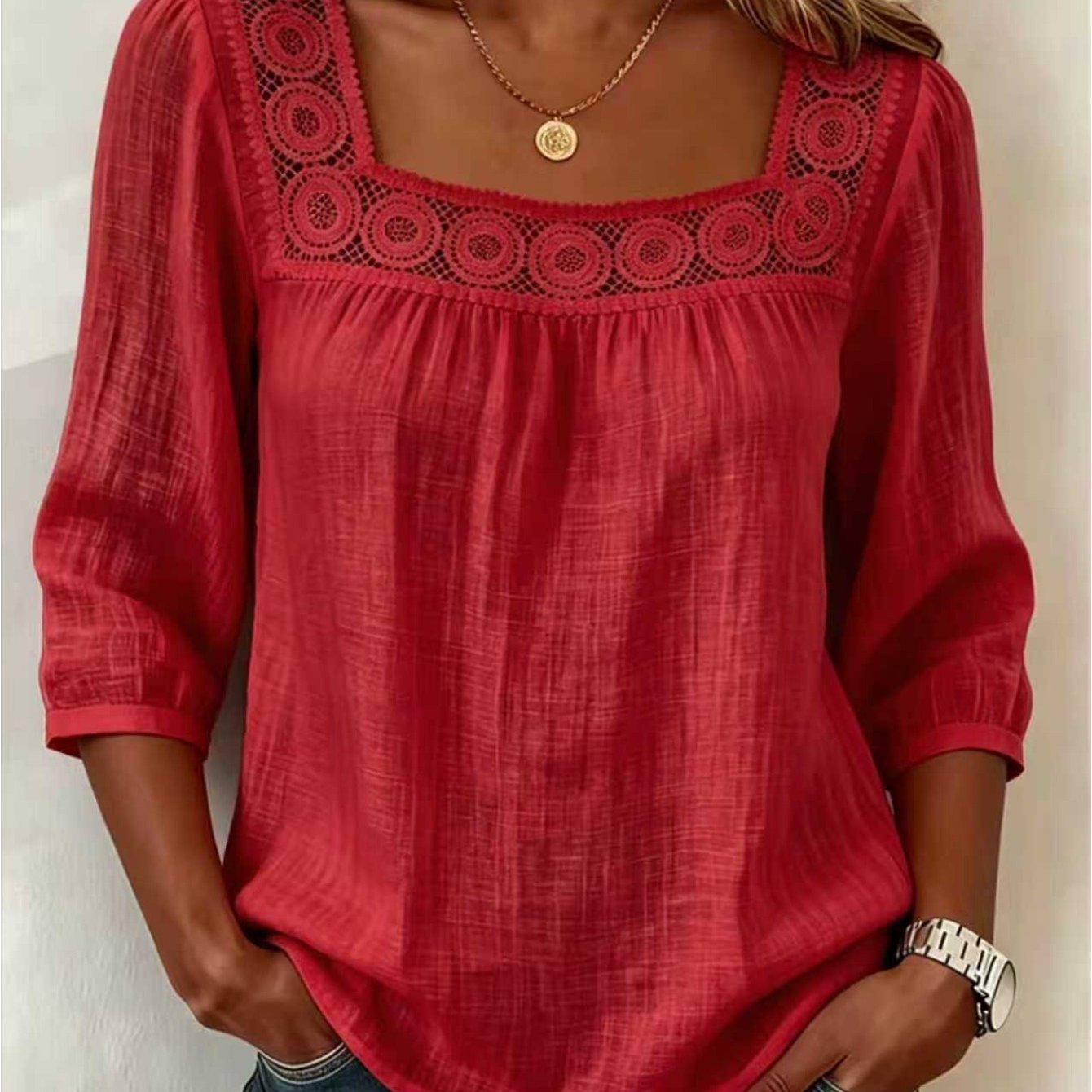 TEMU Women'-neck Shirt, Loose Solid-color Casual Top With Three-quarter Rolled Cuffs
