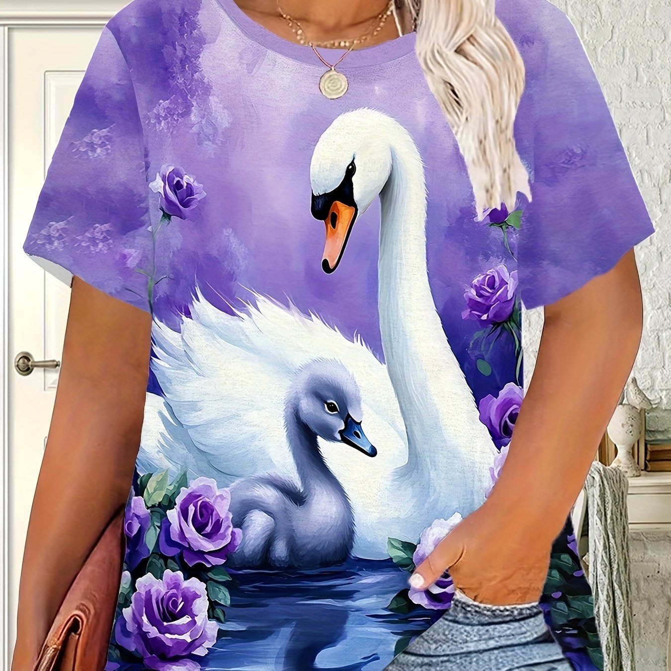 TEMU Women' & Purple Rose Print T-shirt - Stretchy Crew Neck Short Sleeve -compatible Top | Breathable Lining Suitable For Weddings, Parties, Daily