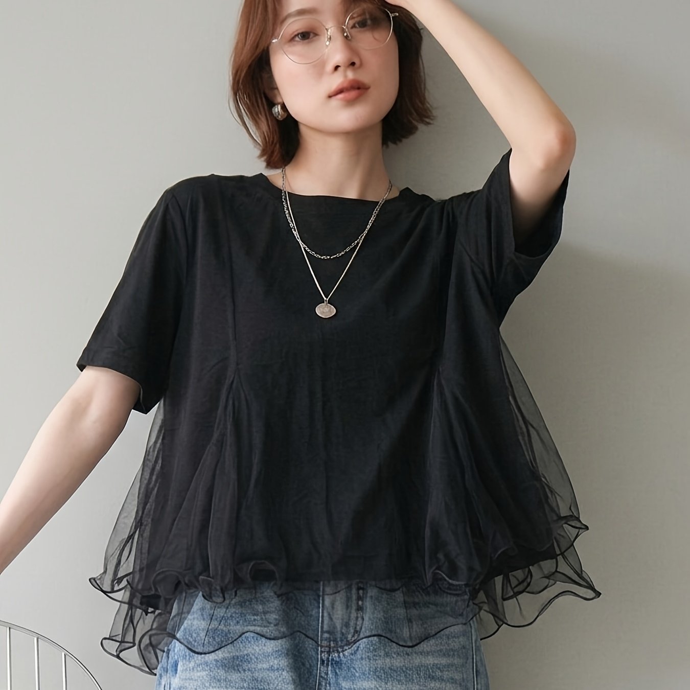 TEMU メッシュステッチ Tシャツ レディース 立体デザイン 通勤 万能 重ね着トップス