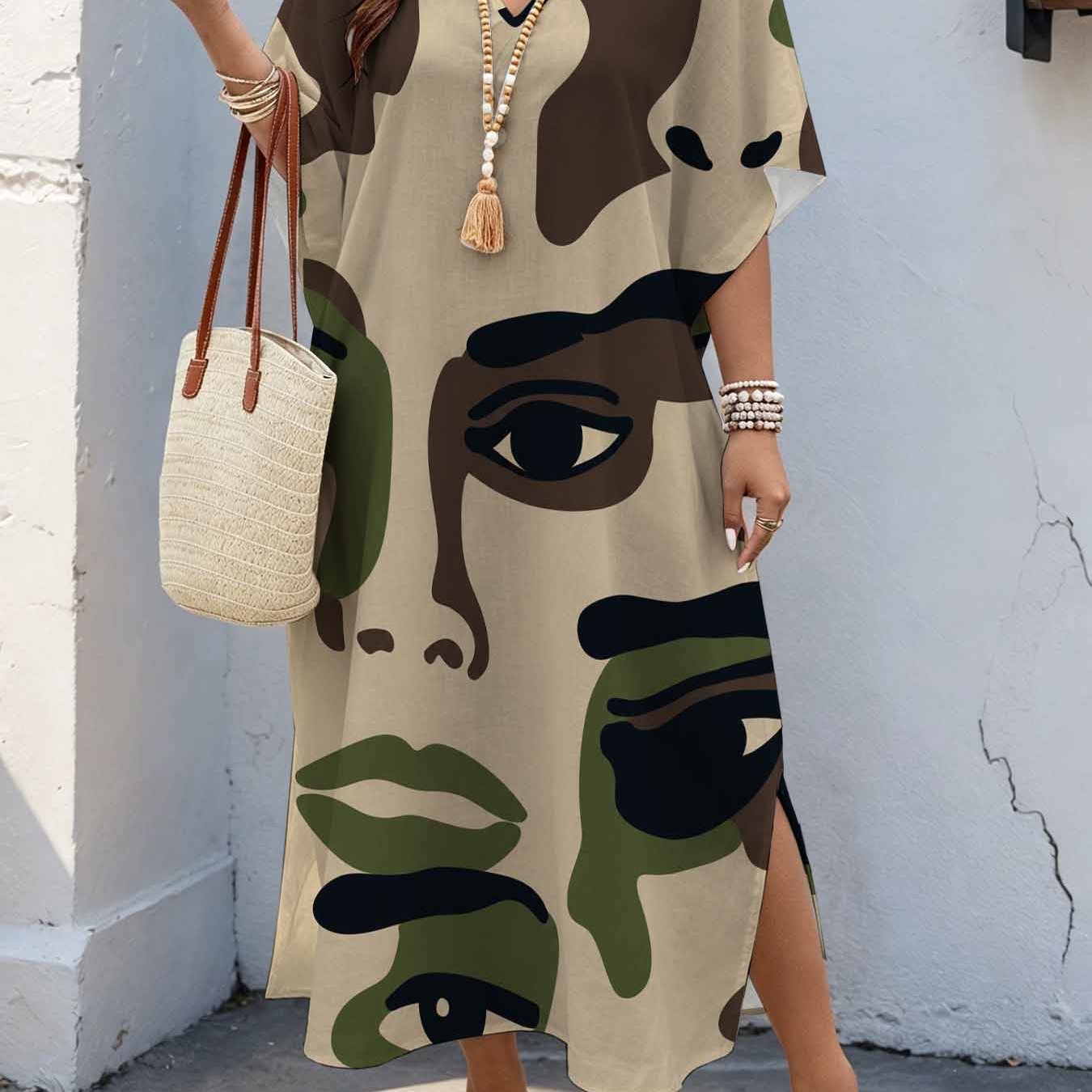 Image of Plus Size Women's 08xl Artistic Abstract, Camouflage Face Print Maxi Dress, V-neck Batwing Sleeve Dress With Double Side Slits, Loose Casual Summer Dress For Curvy Women