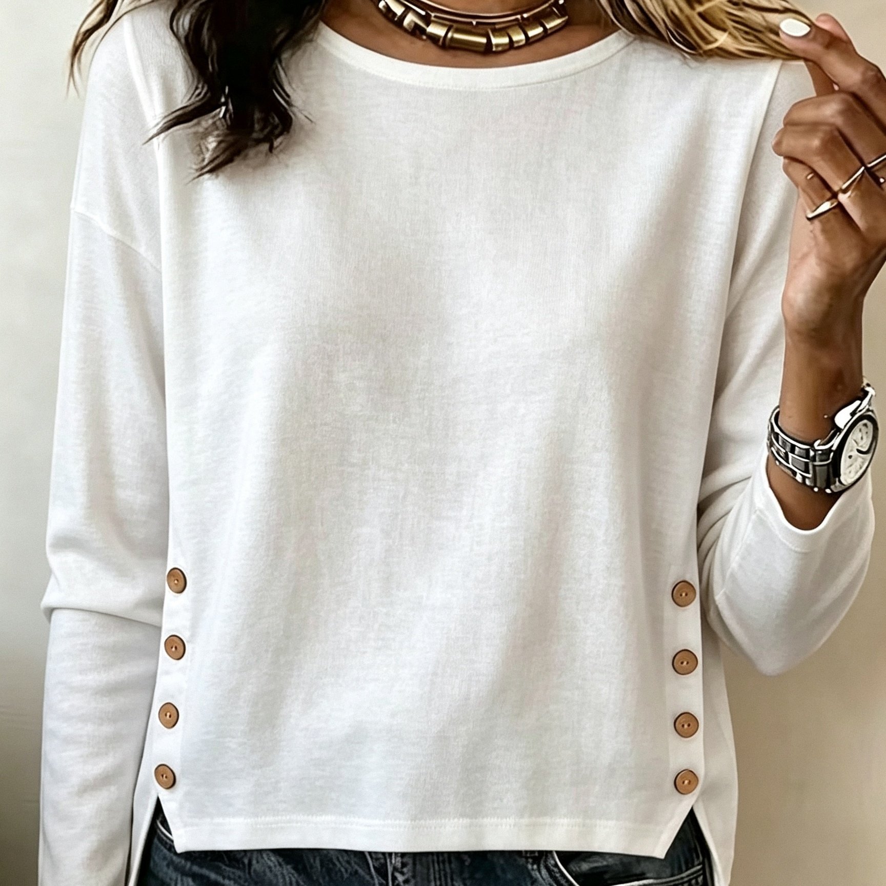 TEMU Haut simple de style français pour navetteur, blanc, à col rond, épaules tombantes, manches longues, boutons latéraux en bois, fente sur le ,