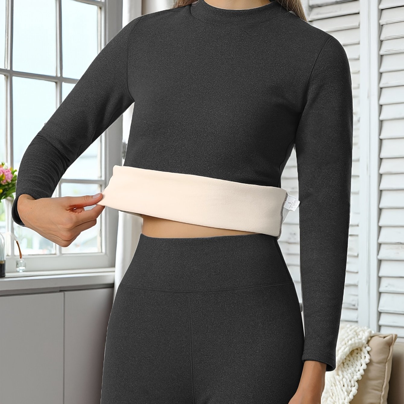 2pcs Autumn Winter Warm Set Women's Fleece Thick Base Layer Top And Pants Solid Color Elastic Comfortable Long Sleeve Autumn Shirt And Trousers