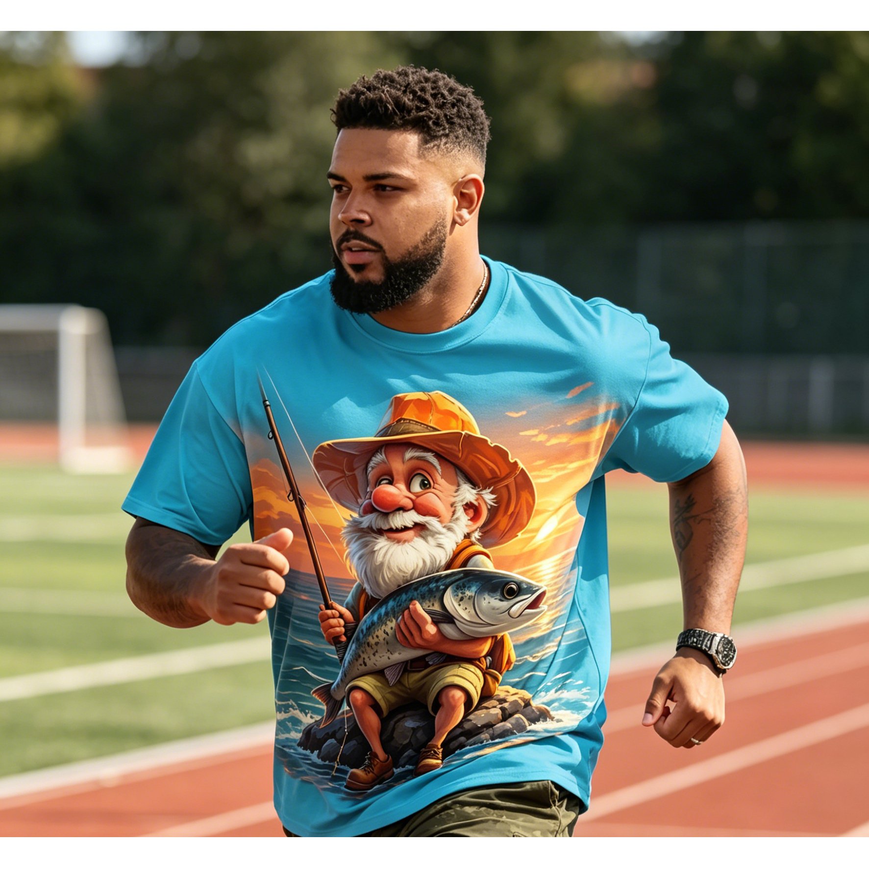 TEMU [printedesignotextured] Men's Plus Size Short Sleeve, Plus Size Men's Summer Outfit With Cartoon Fishing Old For Man Print, Casual And Versatile