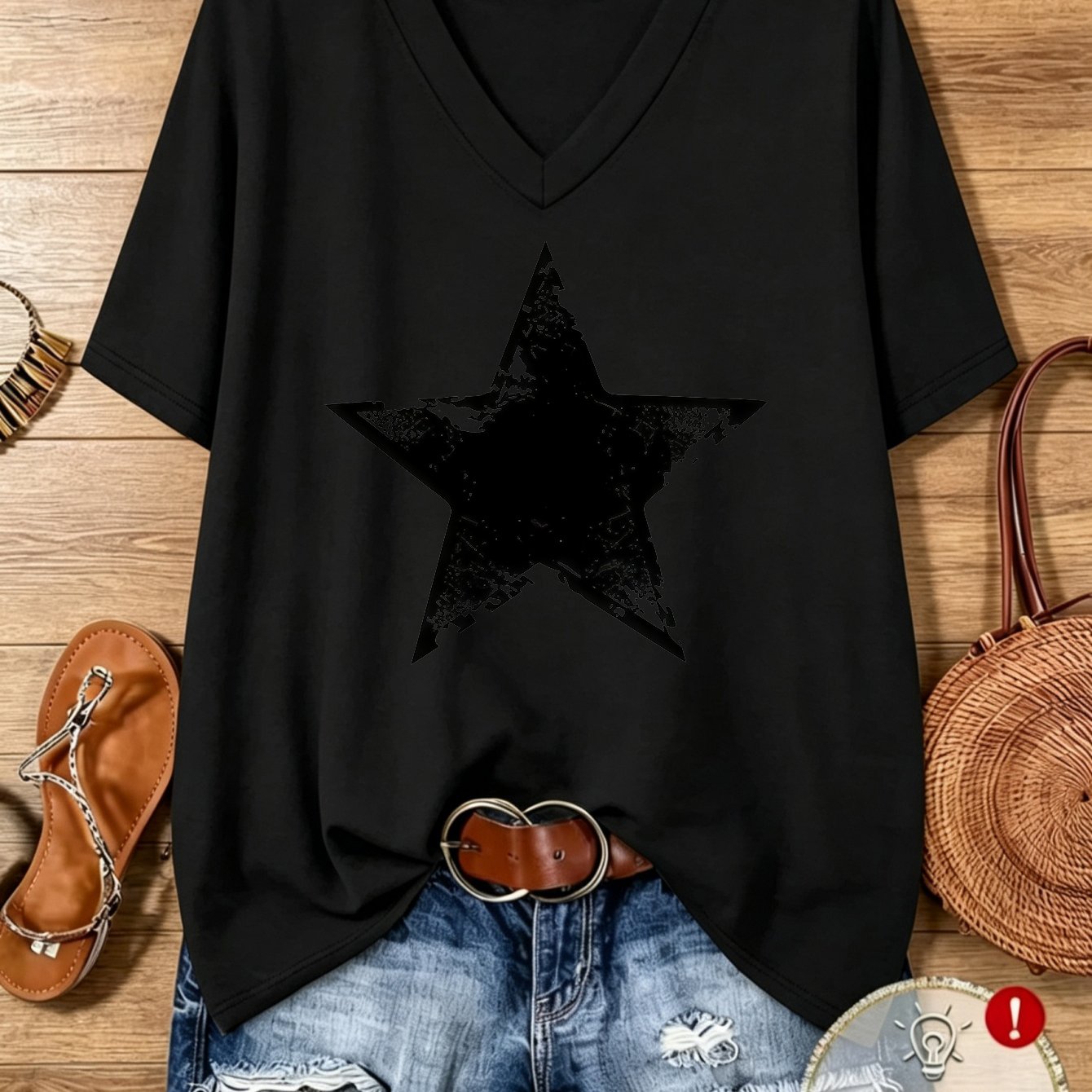 TEMU Women's Fashion Top, Casual Short Sleeve V-neck T-shirt, Black Pentagram Pattern Print, Summer Beach Vacation, Daily Wear And Travel Essential