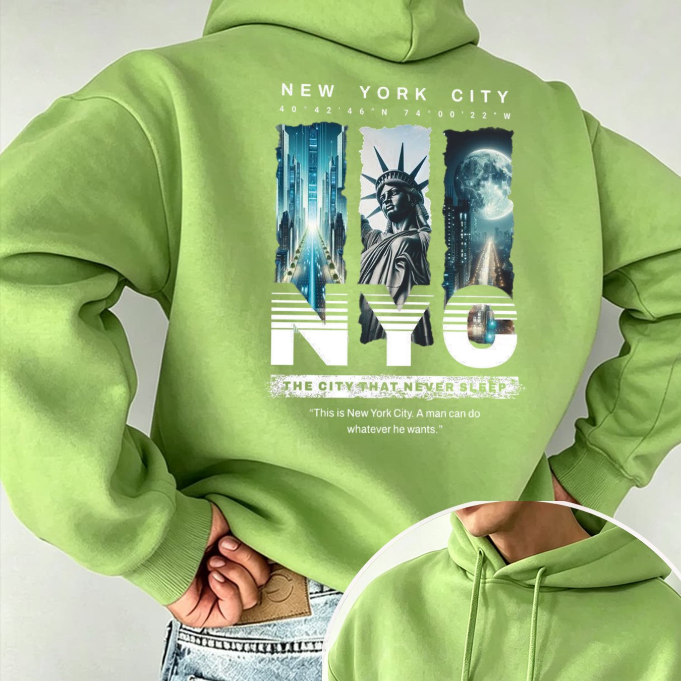 Image of Men' & Women' Nyc Hoodie With Statue Of & Moon Print - Warm Oversized Streetwear, Loose Fit Drop Shoulder Pullover Suitable For Casual Wear, Machine Washable Nyc-themed Apparel