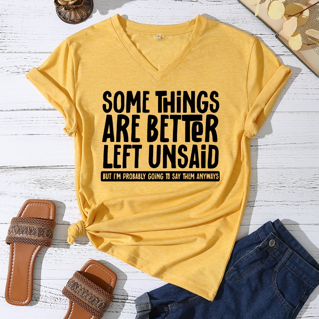 TEMU Some Things Are Better - Minimalist Lettering Women's V-neck Casual T-shirt