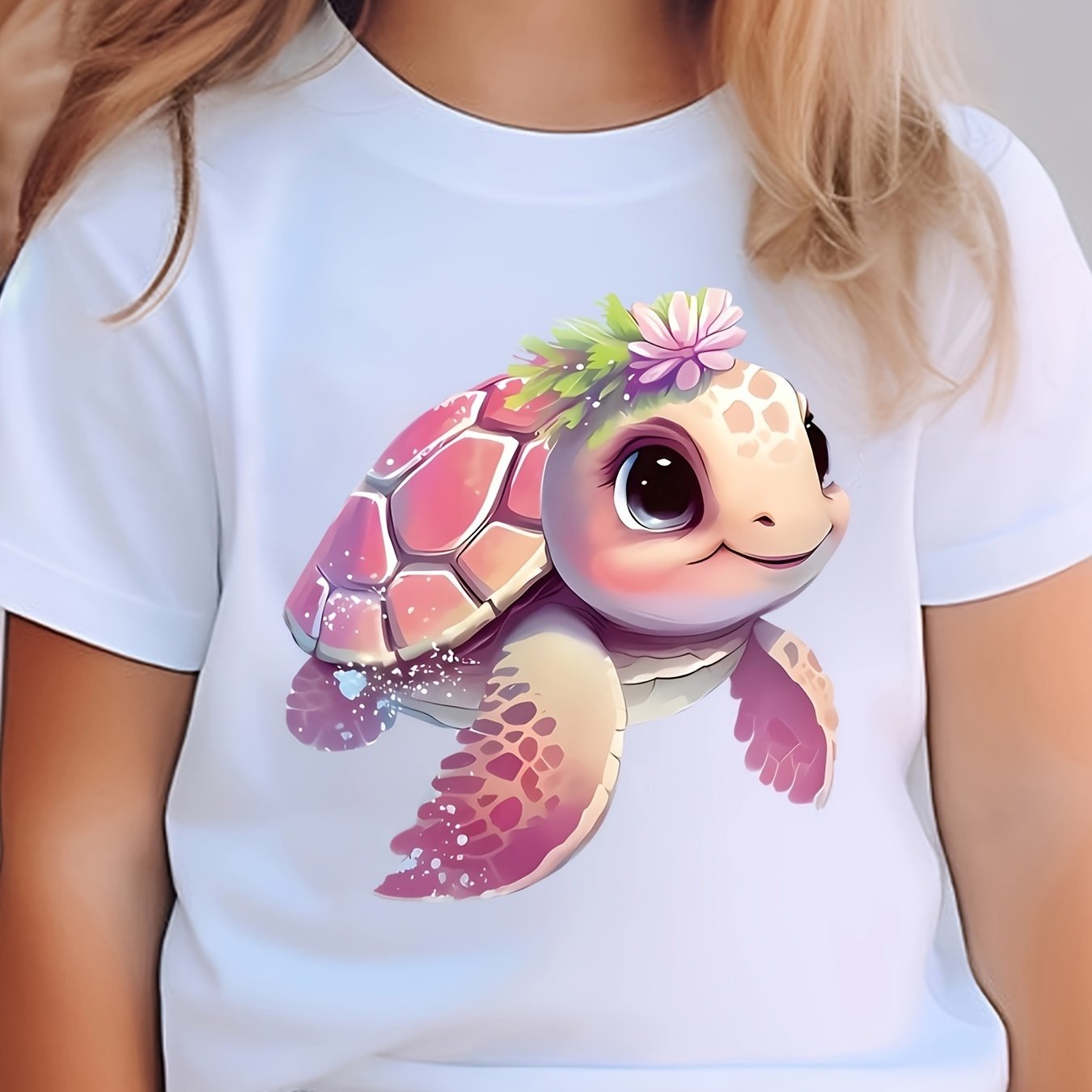 Image of Watercolor Turtle Cartoon Animal Print Girl's T-shirt Cute Chilren's Clothes Summer Casual Short Sleeve Tops Tees