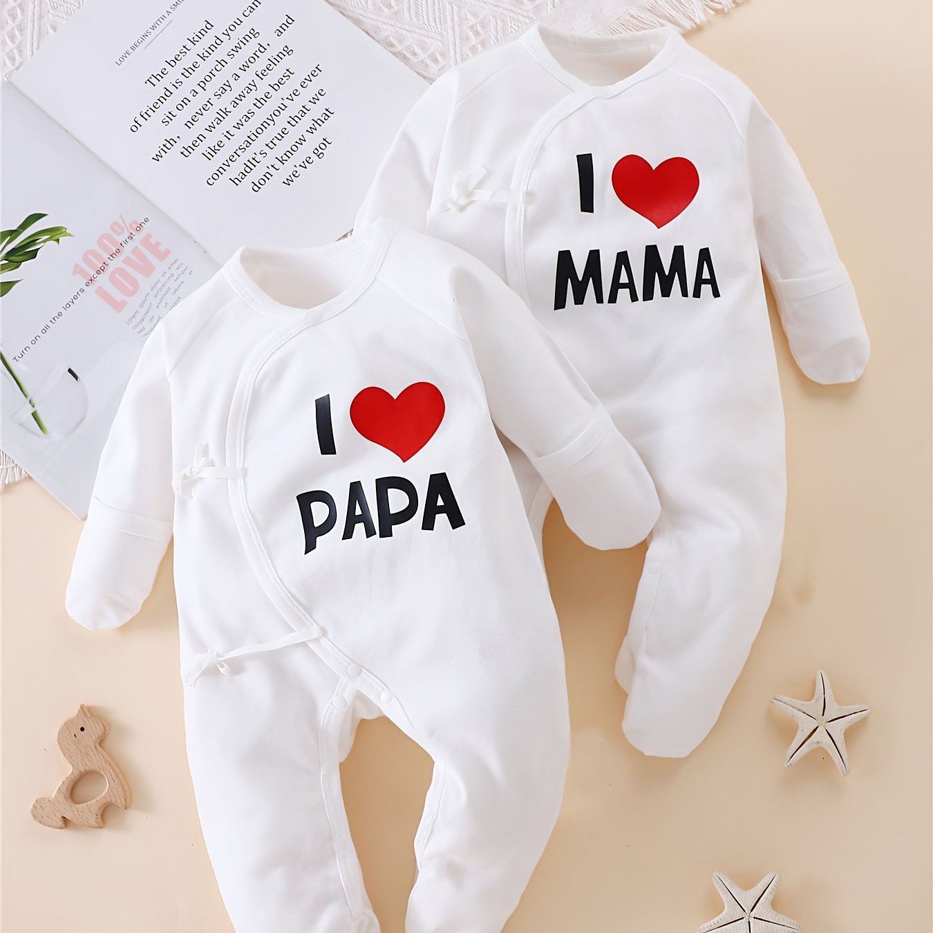Image of 2pcs Baby Bodysuit "love Dad Love Mom" Sleeveless Footed Romper, Perfect For Outdoor