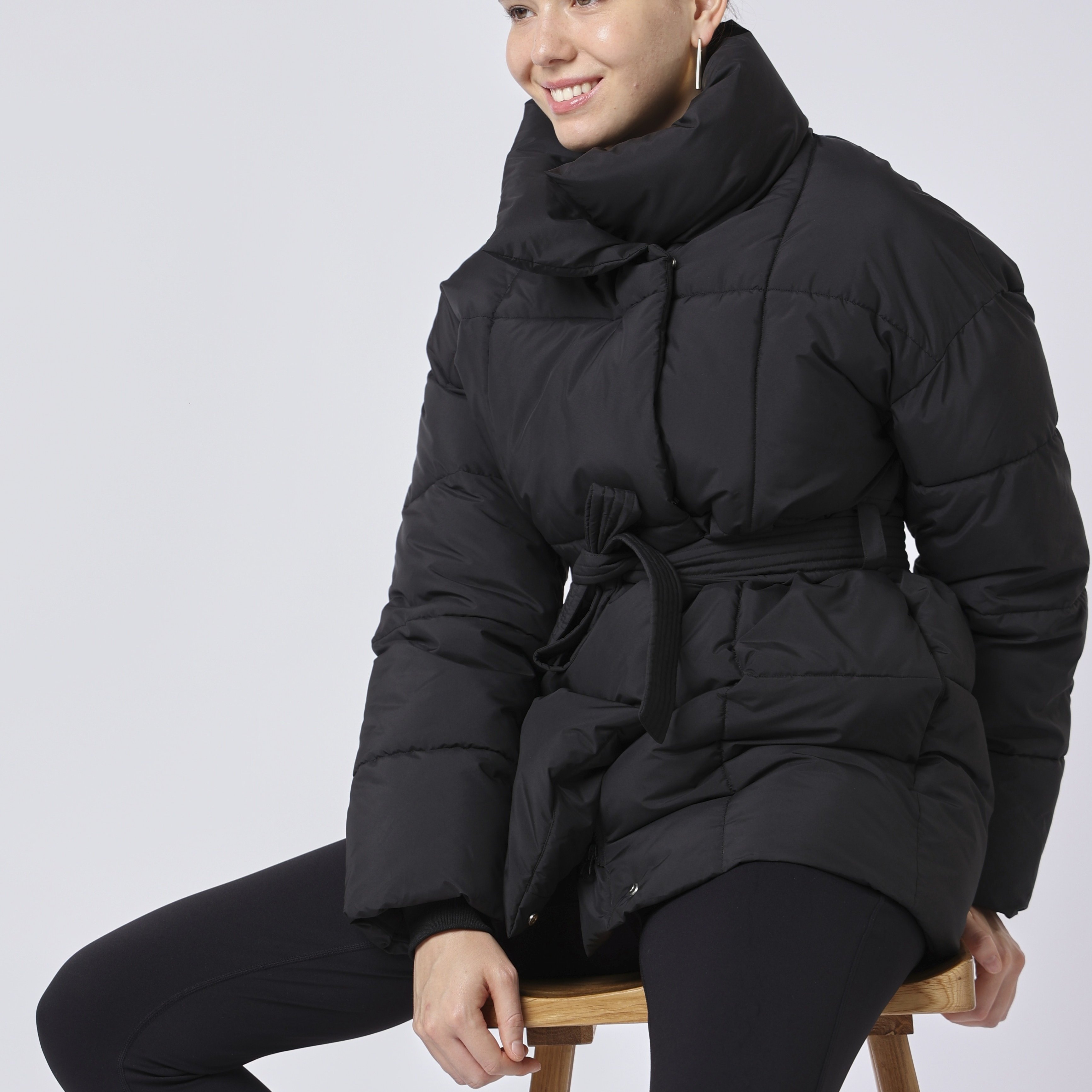 Mid Length Belted Puffer Jacket Women Casual Coat, Women Winter Ladies Classic Quilted Outerwear Coat Big Pocket.