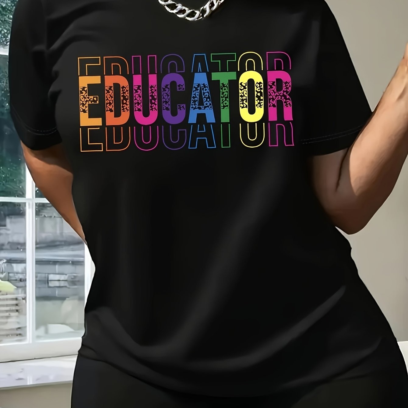 TEMU Plus Size - Oversized 1 Casual Educator Graphic Black Crew Neck Top Featuring Bright Colorful Text Ideal For Year Round Wear Easy To , Suitable