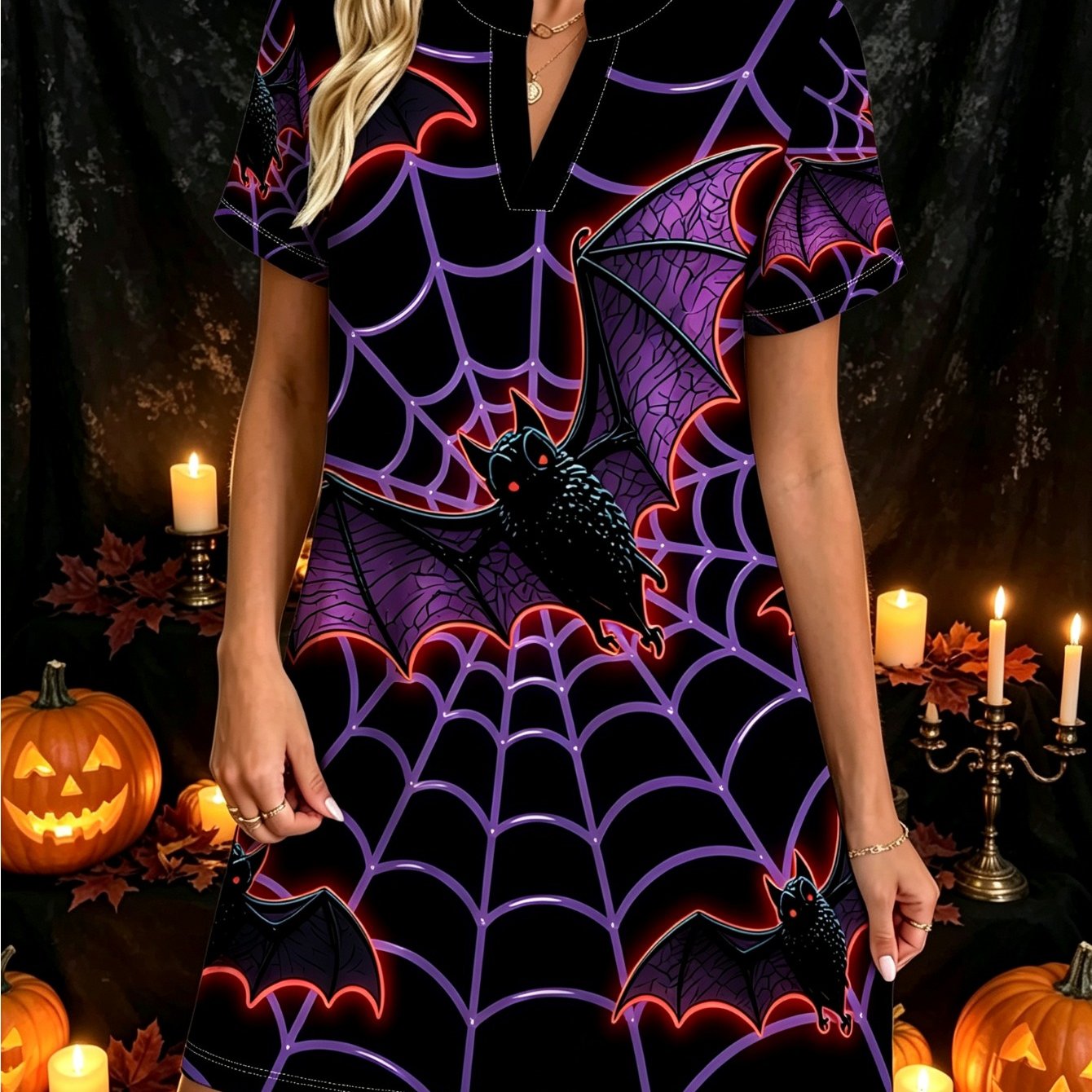TEMU [halloween] Women's Fashion Casual Dress, Spring Summer Bat Spider Web Dress, Daily Comfortable Dress, Trendy All-match Skirt