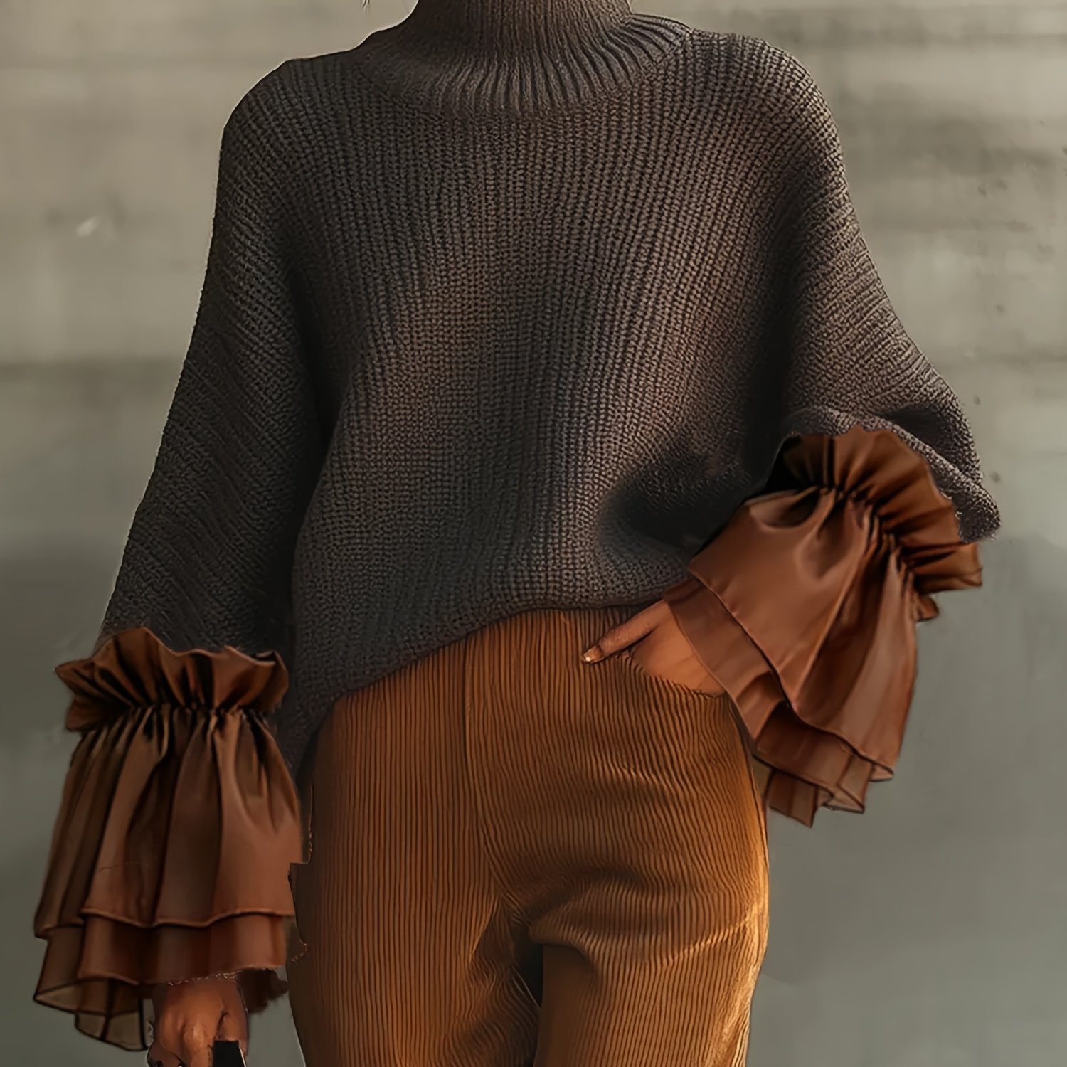 TEMU Women's Elegant Fashion High-neck Long Sleeve Sweater With Sheer Cuffs