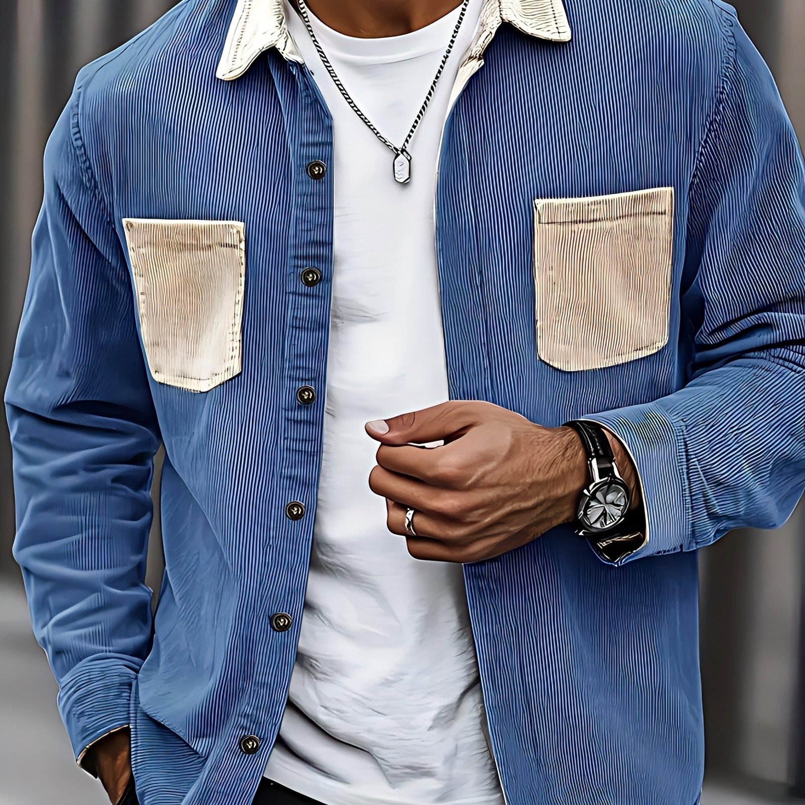 TEMU 2026 Corduroy Contrast Color Pocket Shirt Men's Casual Long-sleeve Jacket