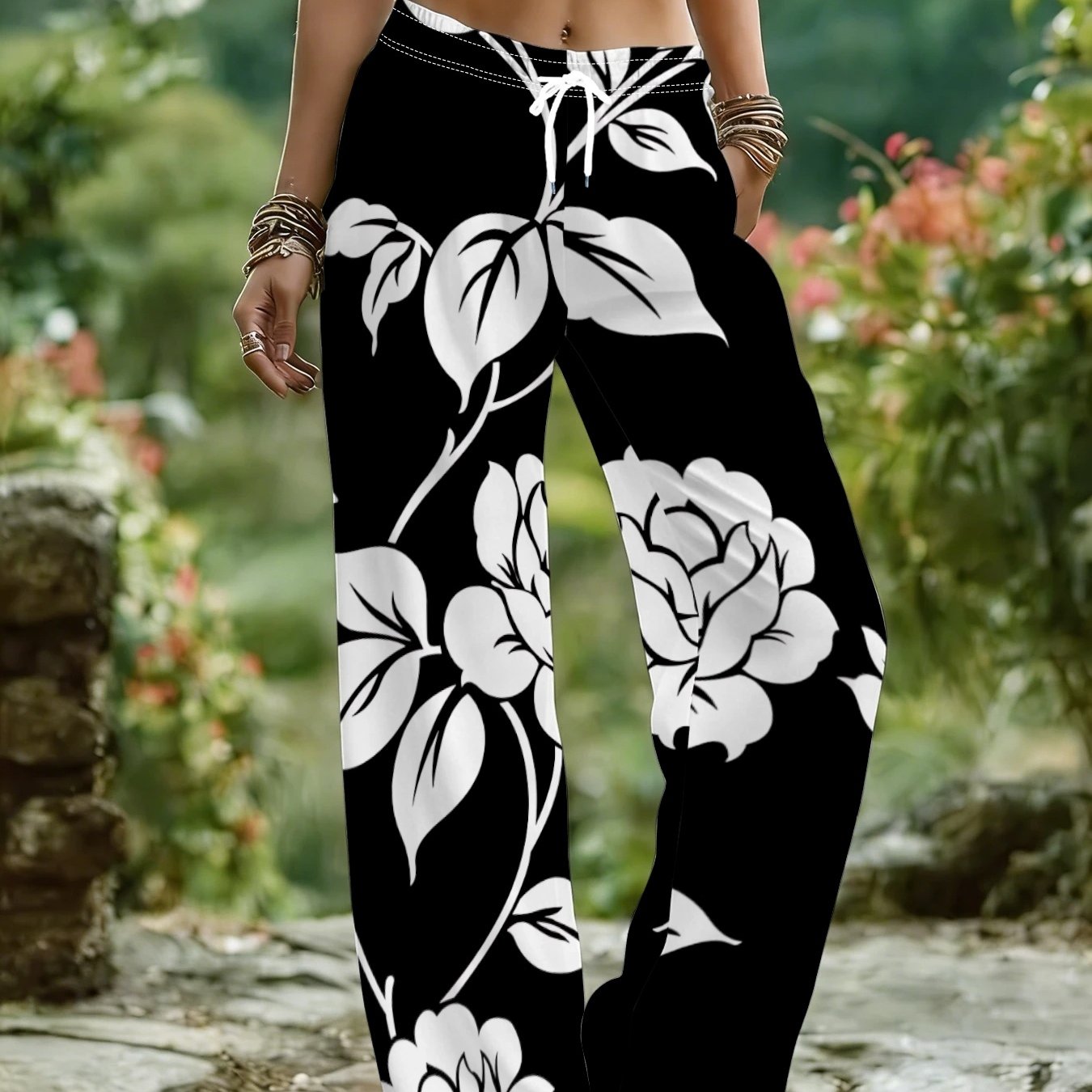 TEMU Style Vintage Black And White Large Floral Print Wide-leg Pants For Women, 2026 Summer New Drawstring High-waist Drapey Casual Pants, Loose