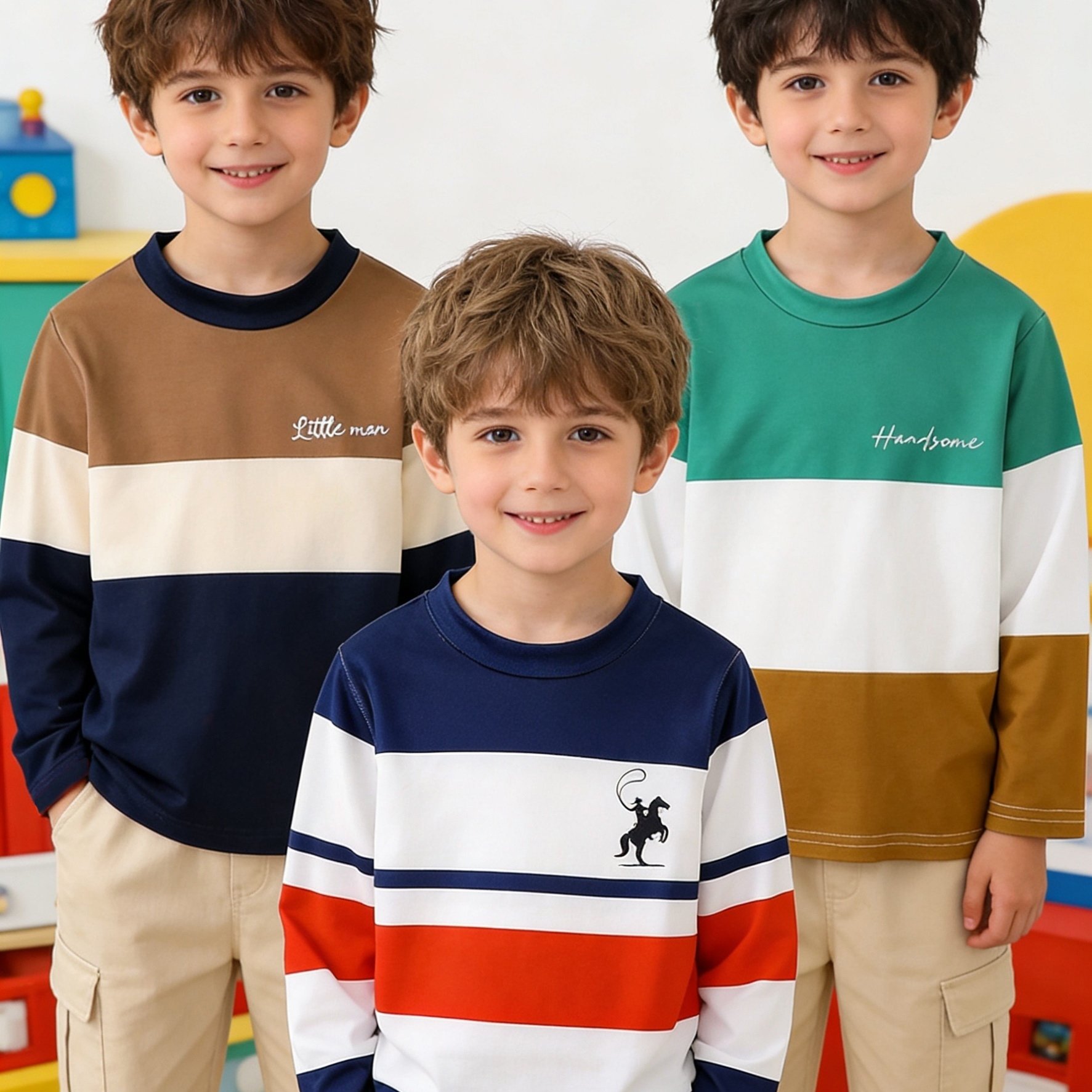 Image of 3pcs Boys' Color Block Striped Fashion Creative Casual Long Sleeve T-shirts, Suitable For School, Parties, Outdoor Sports, As Holiday Gifts