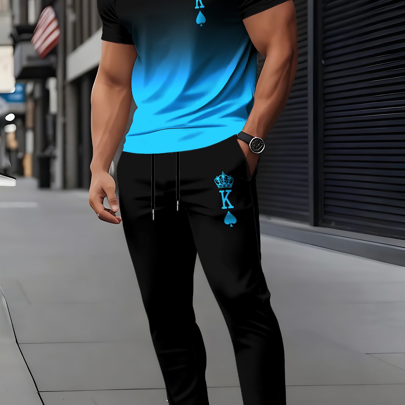 TEMU Men's Short Sleeve Round Neck T-shirt And Pants Set With 3d Print, Elegant Casual Round Neck Design With Slightly Elastic Knit, Suitable For