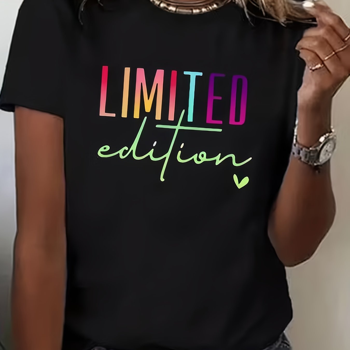 Edition Rainbow Gradient Text Printed T-shirt With Fluorescent Handwritten Heart Decoration, Regular Fit, Comfortable Fabric For Everyday Casual Wear