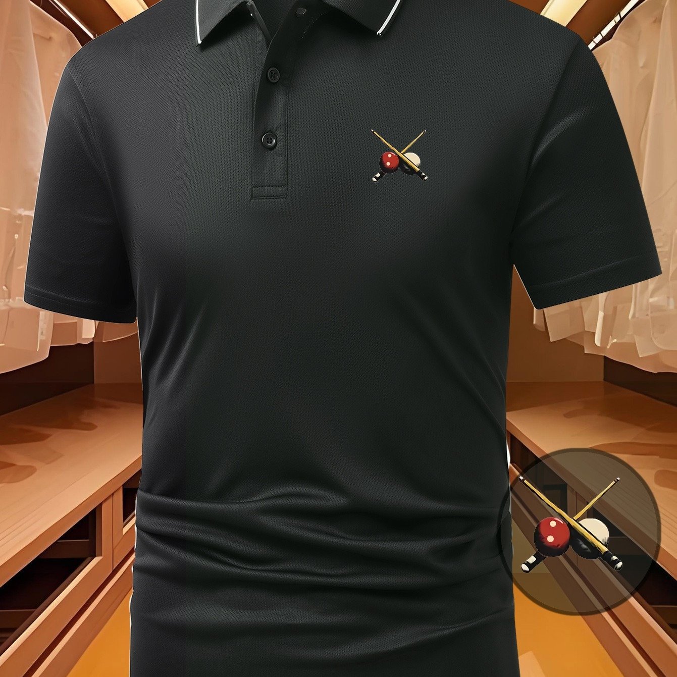 TEMU Classic Billiards Pattern Print Men's Short Sleeve Shirt, Lightweight Soft Casual Athletic T-shirt, Stretch Fabric Shirt, Comfortable