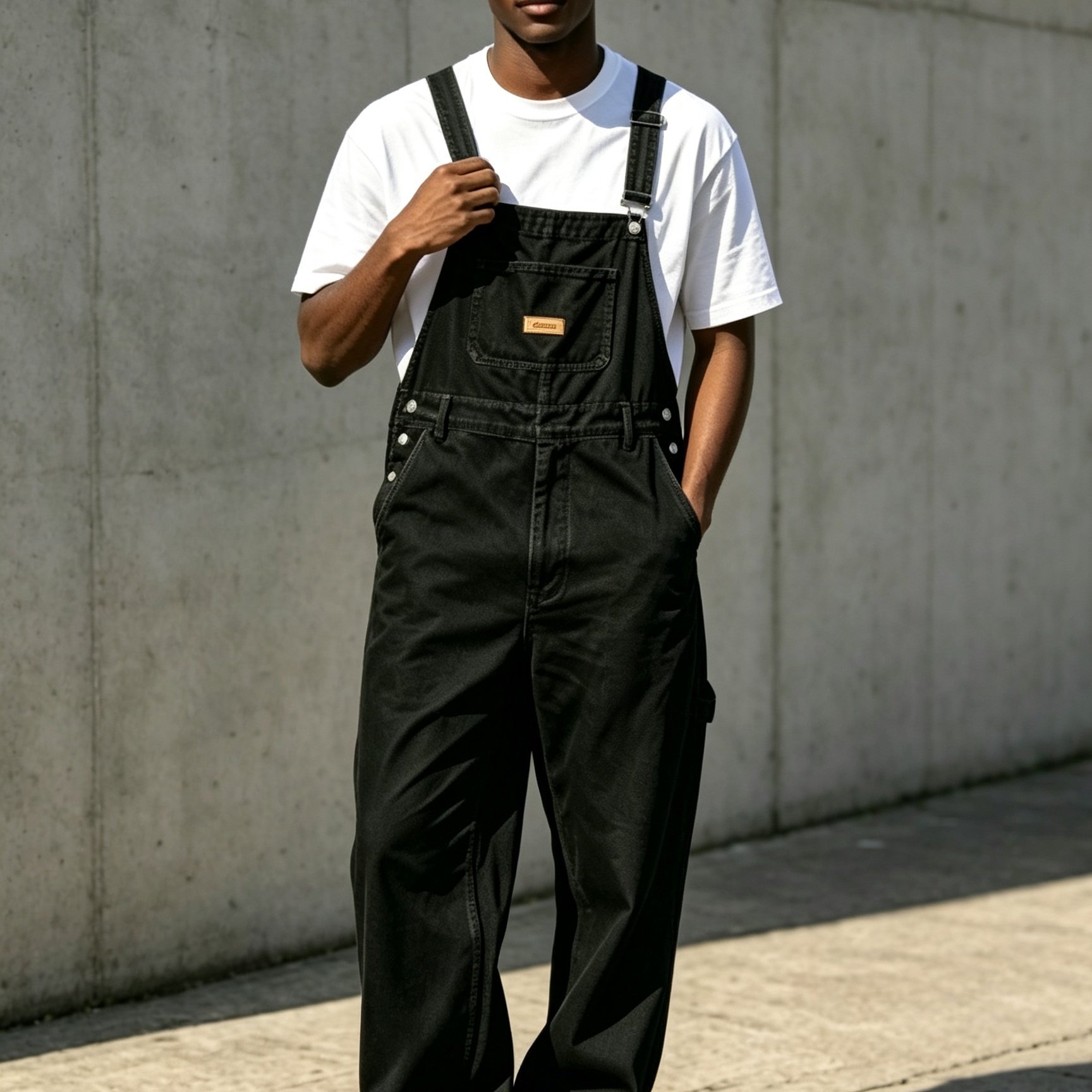 Image of [allsro] Men's Black Versatile Overalls, 3d Tailored Loose Fit, Multi-, Machine Washable Fabric, Wear, Essential Men's Denim Jumpsuit For Outdoor & Street Style Enthusiasts
