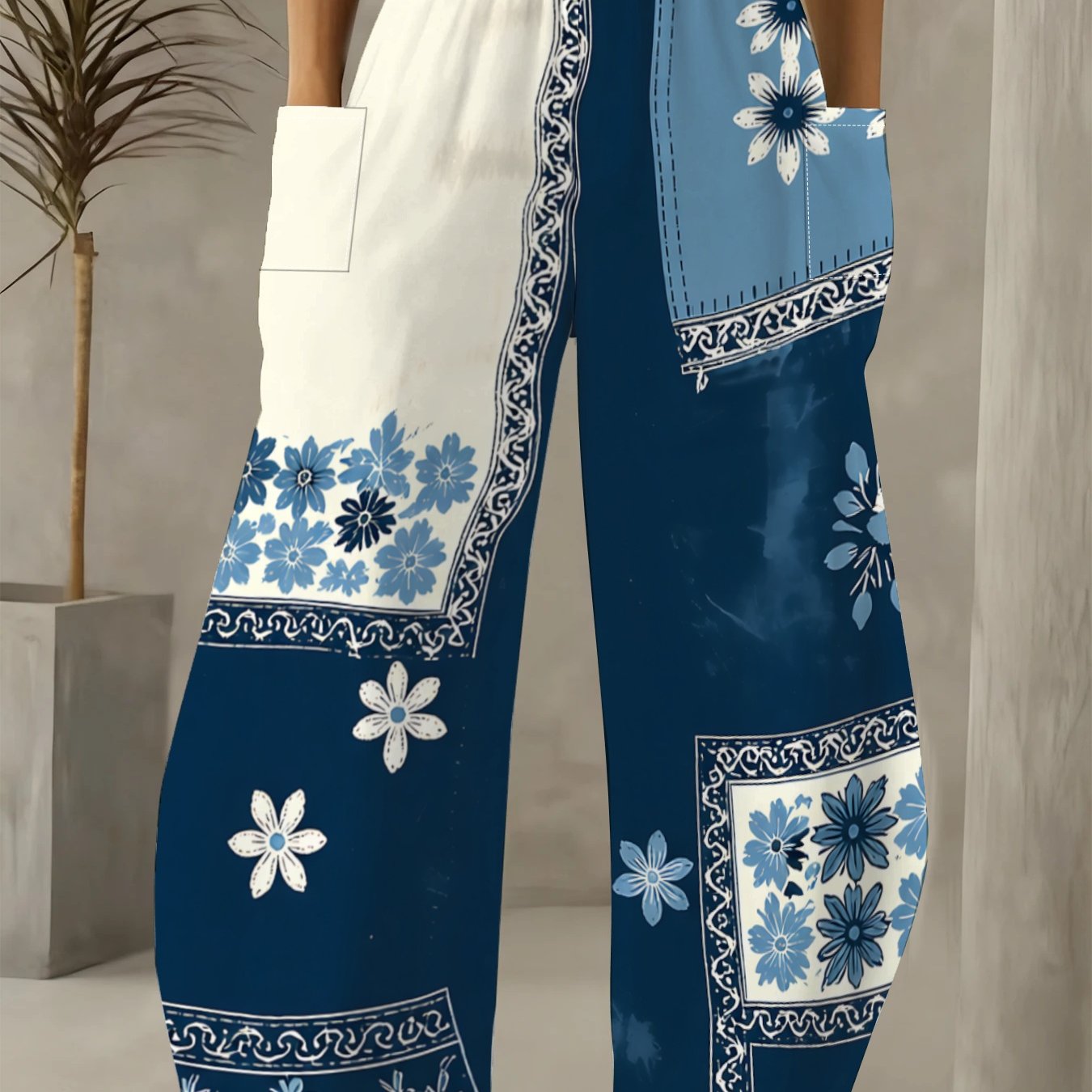 TEMU Plus Size - Plus Size - Blue And White Porcelain Wide-leg Pants For Women, High-waisted And Loose With Pockets, Casual Trousers Featuring