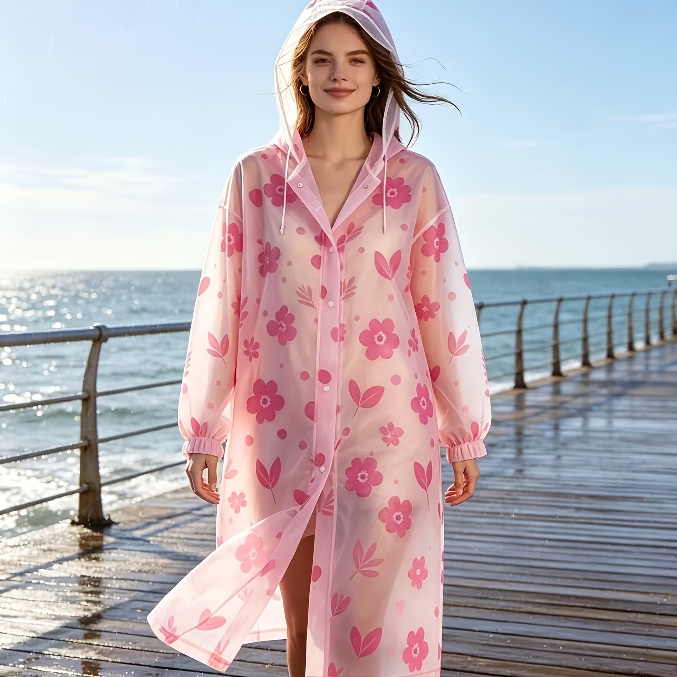 TEMU 1 pieza, Impermeable para mujer con capucha y estampado floral rosa, Capa larga de EVA, Chaqueta ligera reutilizable, Capa de EVA reutilizable
