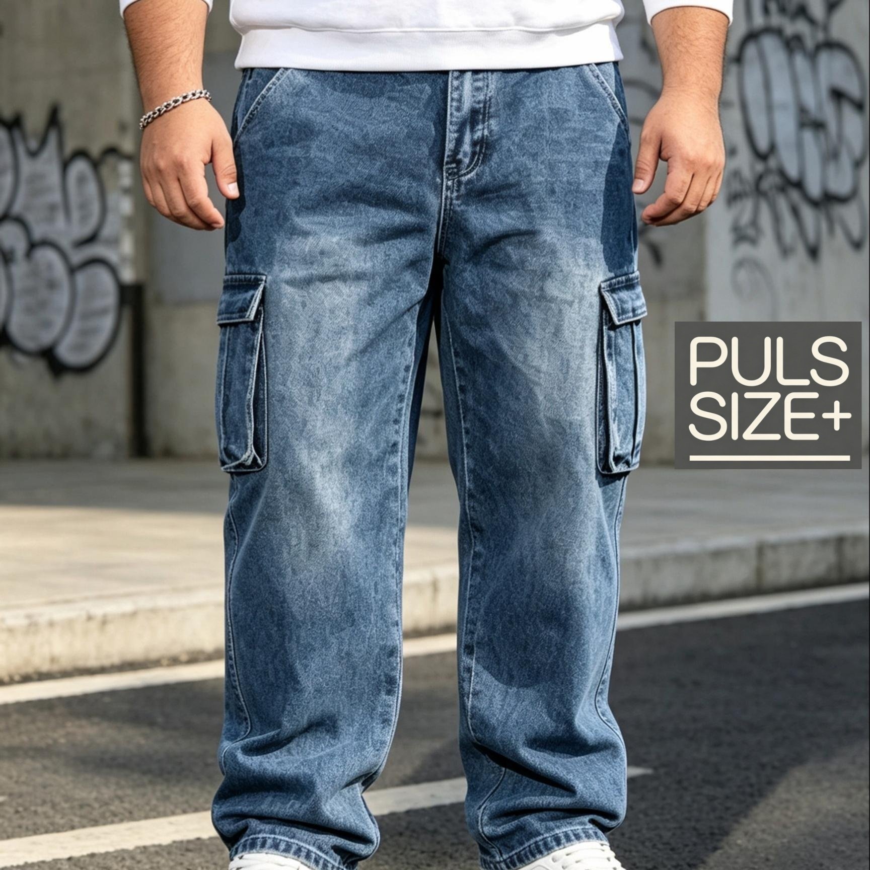 Image of Plus-size Men's Dark Blue Washed Wide-leg Workwear Jeans With Large 3d Flap Pockets On Sides And Straight-leg Cuffs; -style Loose-fit, Drapey Workwear Casual Trousers, Plus Size
