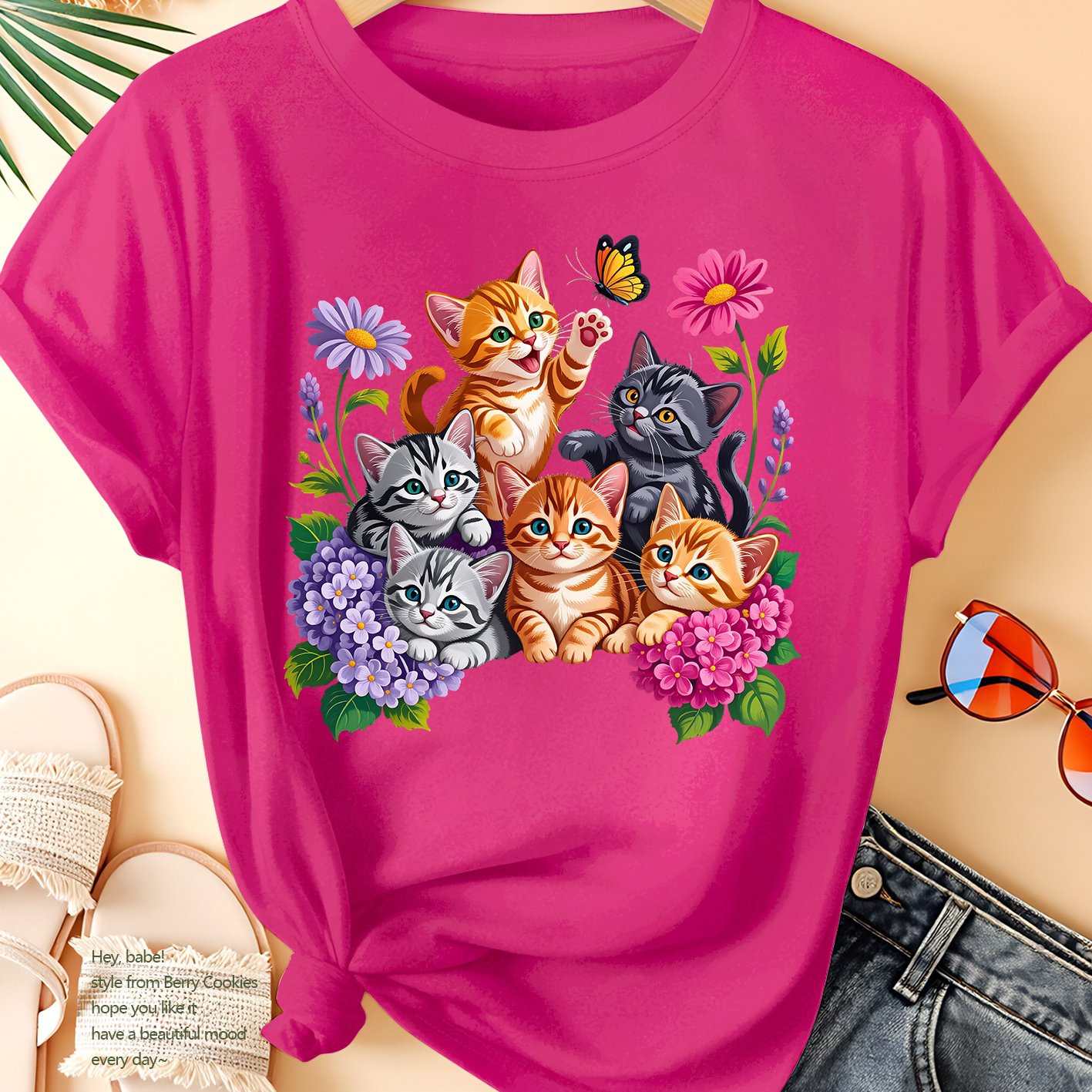 TEMU Women's Summer Top, Floral Cute Cat , Spring Summer Fall Elegant Vintage Style Loose Fit Versatile Casual Athletic Soft Comfortable Round Neck
