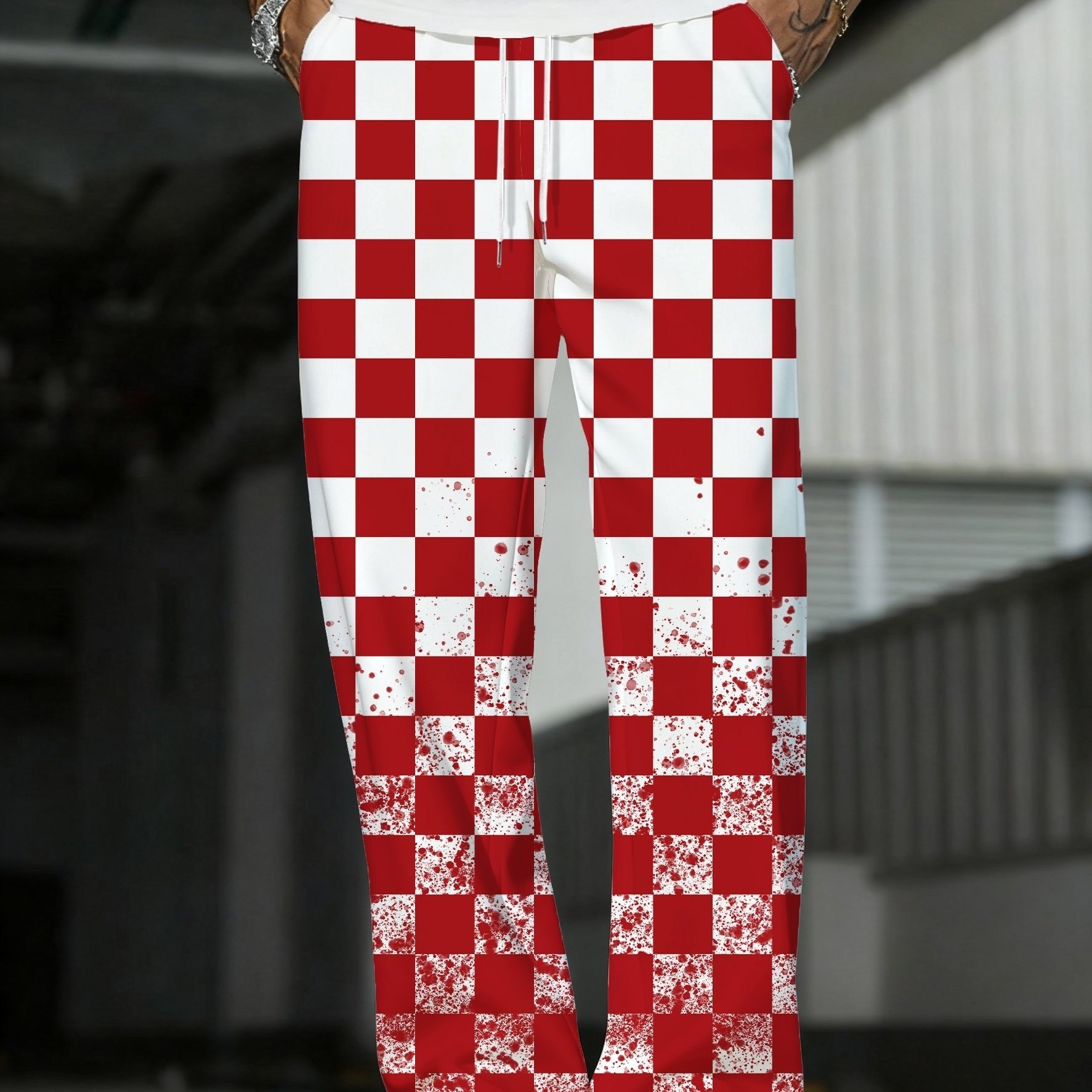 E-shop Sommer-Neuerscheinung: Blood Plaid . Lässige bedruckte mit weitem, geradem Bein, Langhose für zu Hause, Pyjama. Sportlicher Streetwear-Stil.