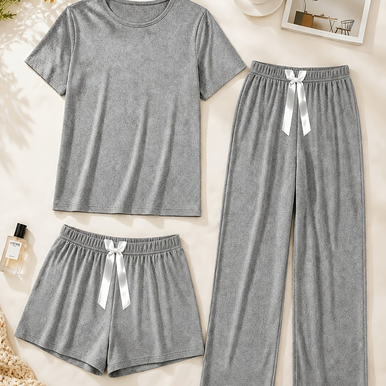 TEMU Spring Summer Minimalist Style Gray 3pcs Set Women's Stretch Short Sleeve T-shirt And Long Pants And Shorts Casual Pajamas Loose Outerwear