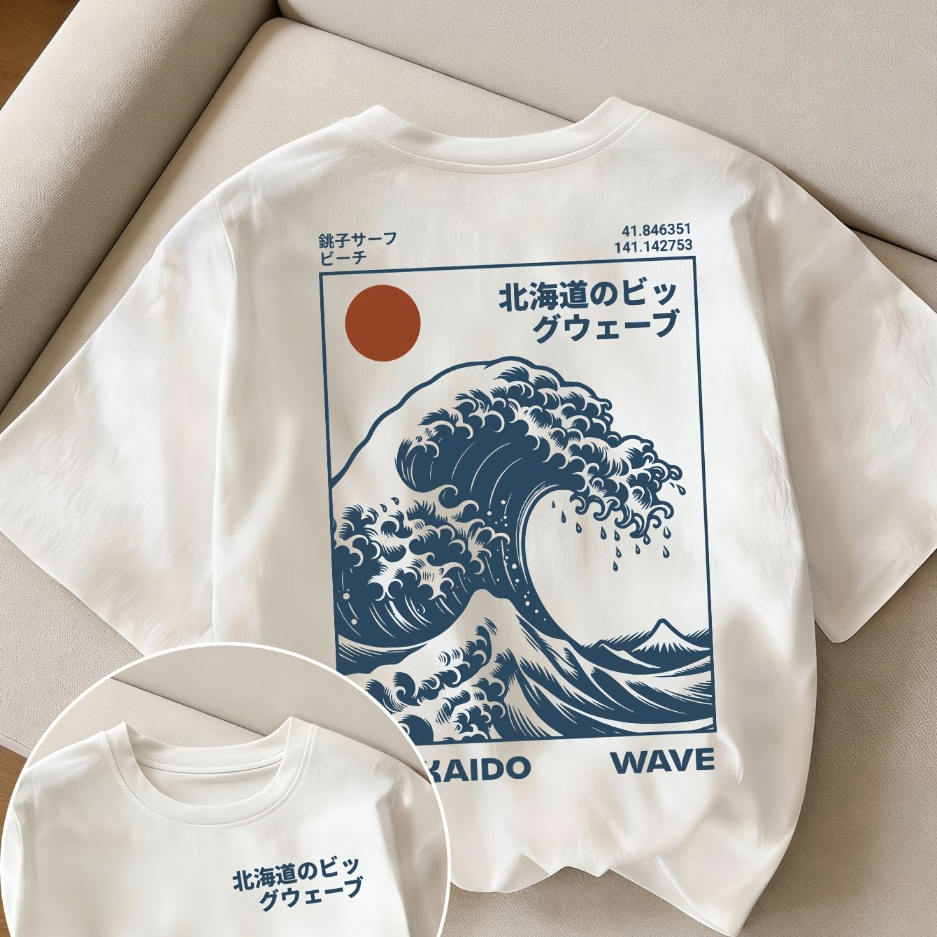 TEMU Front And Back Short-sleeve T-shirt - Hokkaido - Retro Japanese Surfing Tee, -e Enormous Wave Pattern T-shirt, Retro Japanese Beach Style Tee,