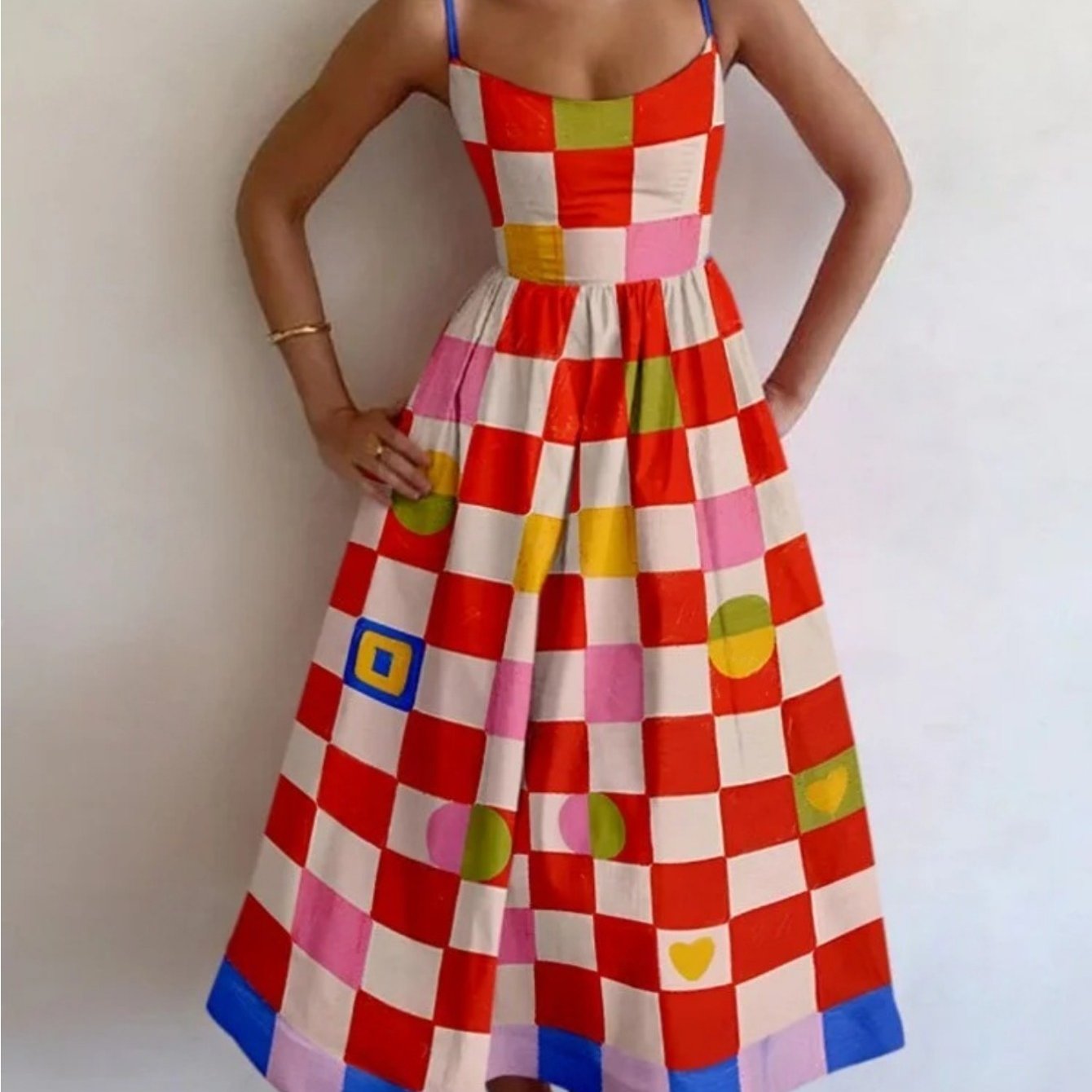 Image of Women's French High-waisted A-line Dress - Abstract Plaid Geometric Print Suspender Dress With Contrast Colors, Thin Strap To Semi-formal Dress Suitable For , Machine Washable Holiday Photo Dress