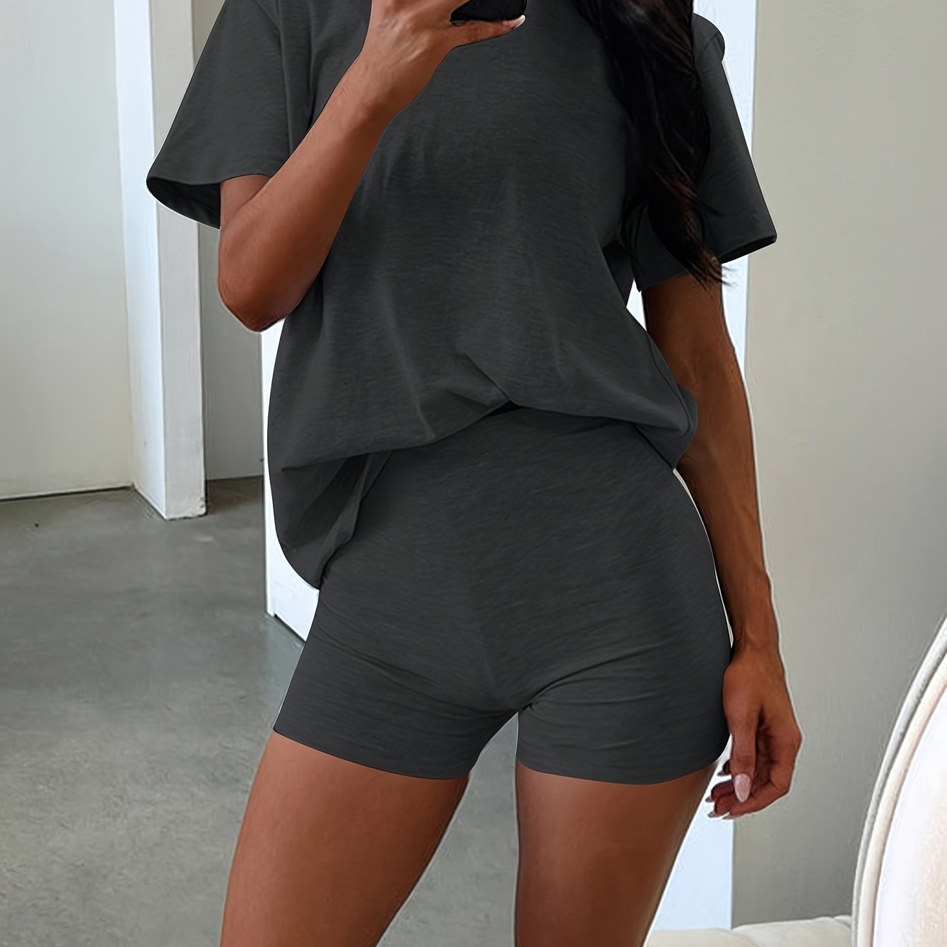 TEMU Women's Outfit 2pcs Set Short Sleeve Loose T-shirt And Riding Shorts Set 210g Soft Double Brushed Fabric Very Soft Daily Home Essential