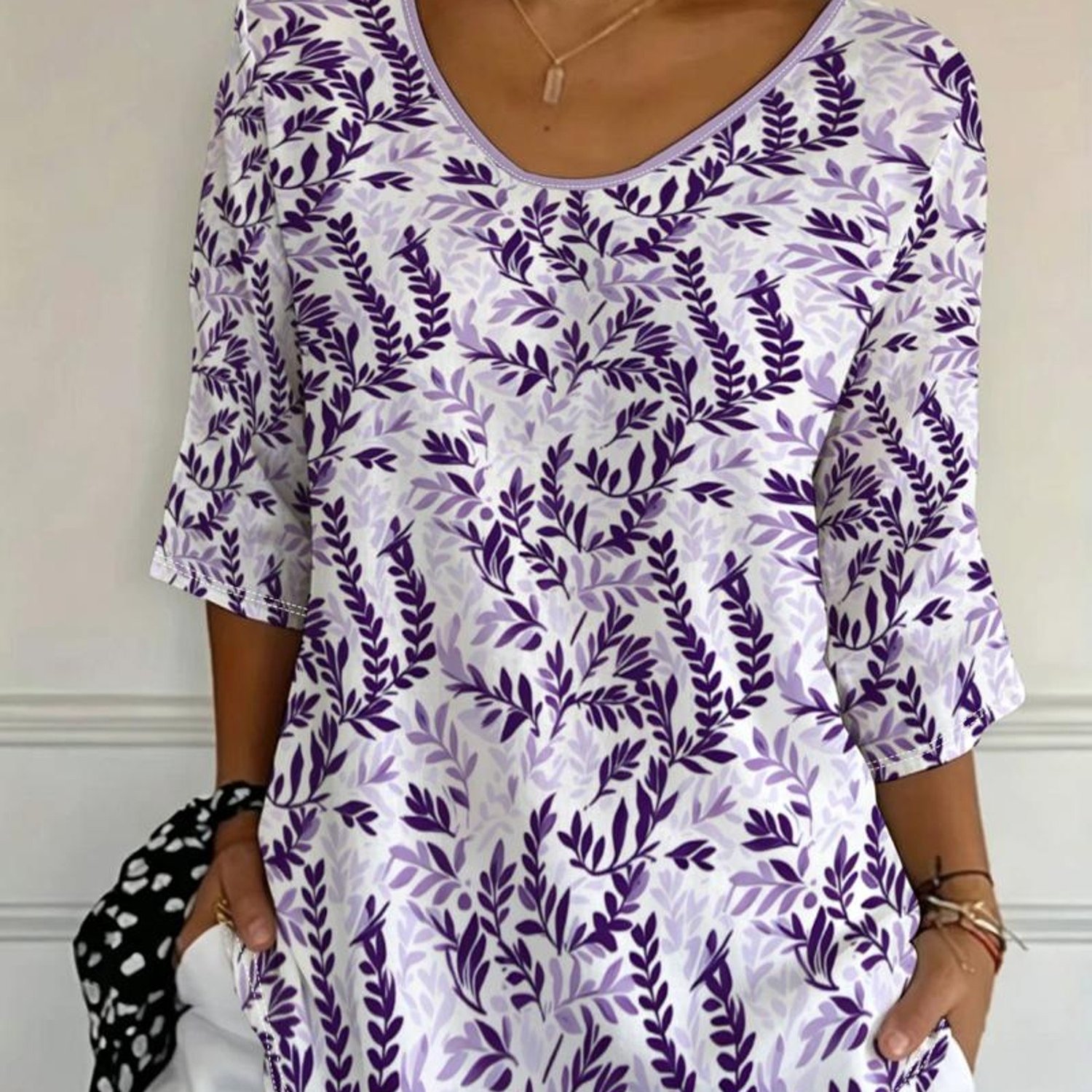 TEMU Plus Size, Plus Size Women's V-neck Three-quarter Sleeve T-shirt, 2026 New Summer Collection, Loose Fit Versatile Top, Basic Base Layer Shirt,