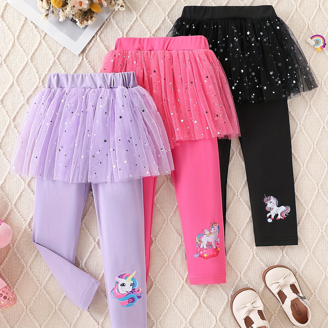E-shop Modisches 3-teiliges mehrfarbiges Stretch-Mesh-Skort-Set für Mädchen, Langlaufhosen im Frühlings-/Herbst-Stil für Kleinkinder kleine Mädchen,
