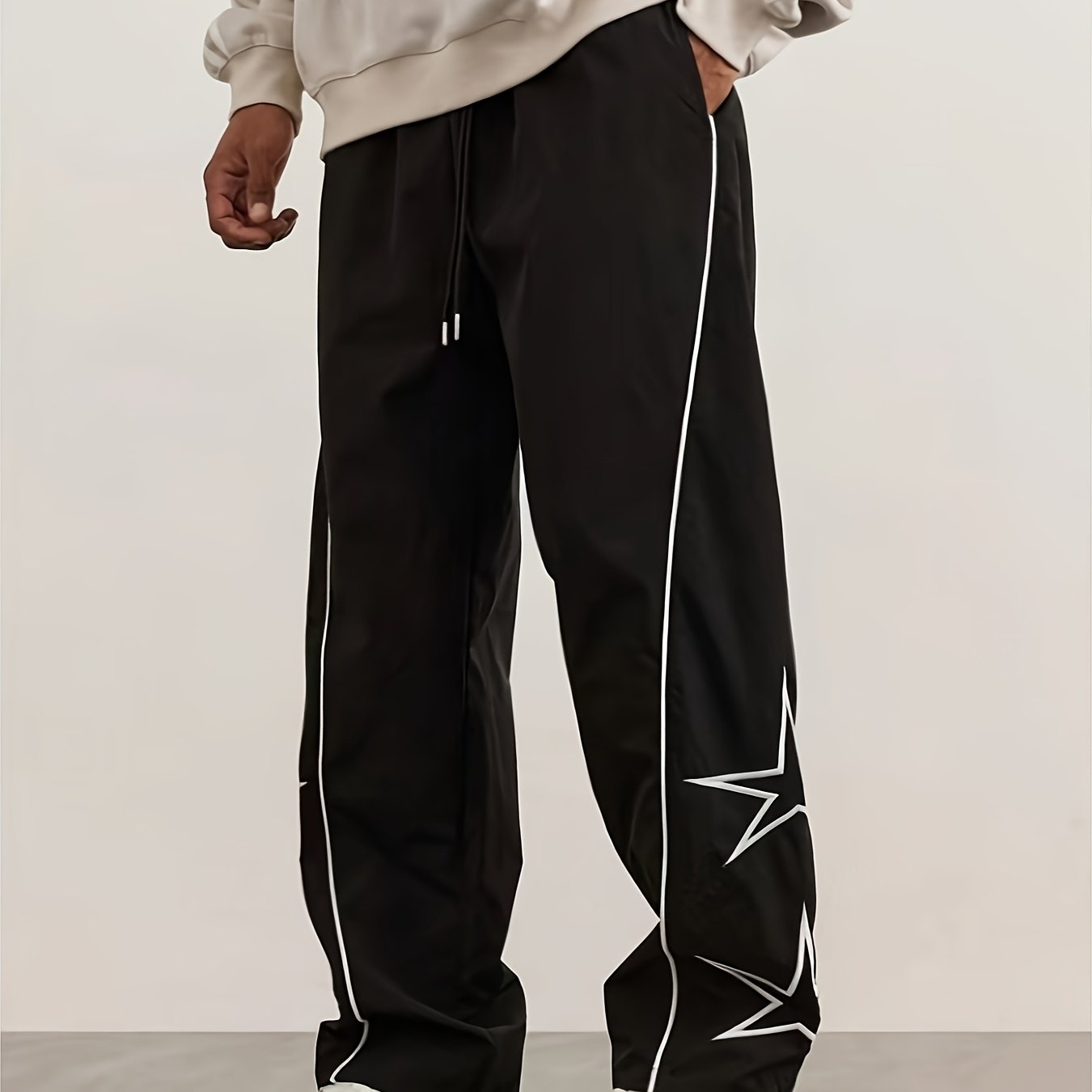 Image of Y2k Drip Style Men's Star Embroidery Straight-leg Casual Pants, Loose Long Pants, Draped Texture Casual Sport Pants, New Season