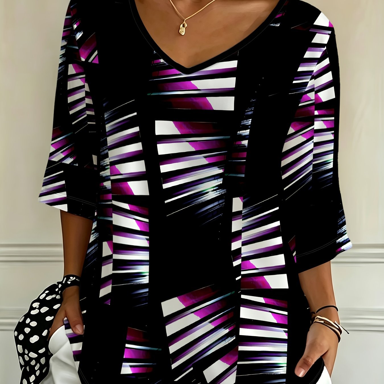 TEMU Plus Size, New Casual Fashion Holiday Women's Plus Size V-neck Three-quarter Sleeve Purple-black Gradient Stripe Print Loose T-shirt Top