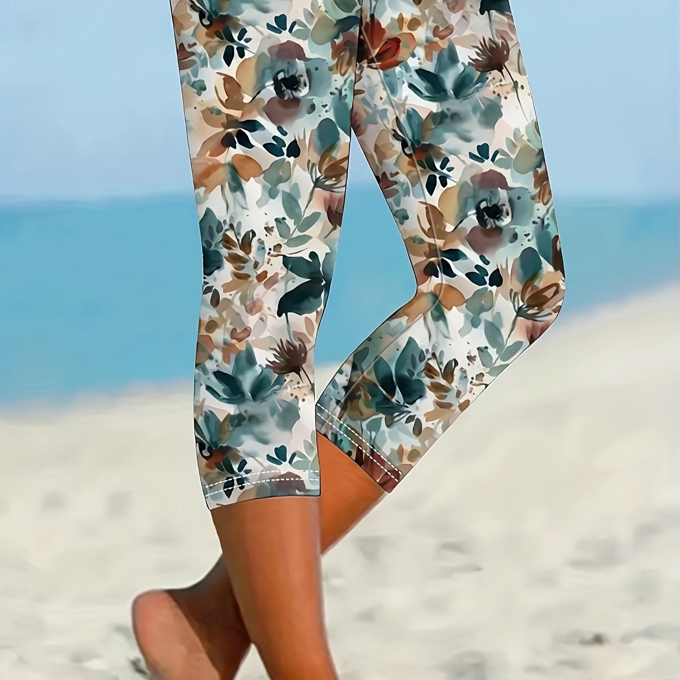 TEMU Women's Floral Print Cropped Leggings - Stretchy Polyester , , Machine Washable, Fit For Casual Attire, Tropical Outfit|stylish Cropped Pants|