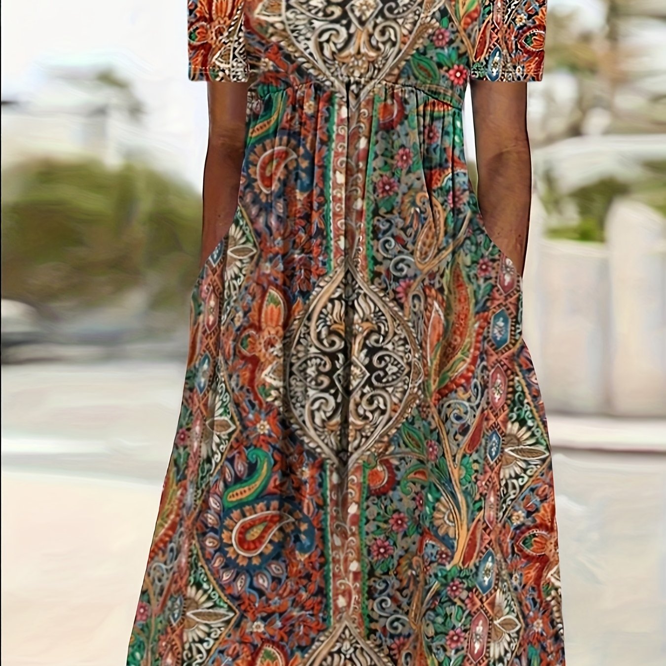 TEMU Plus Size, Plus Size Paisley Print Boat Neck Pocket Stretch Midi Women's Dress
