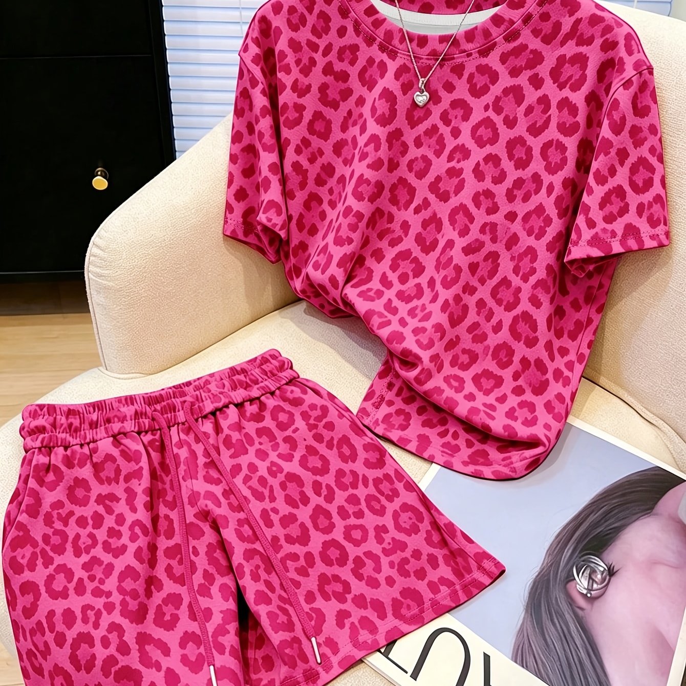 TEMU 2pcs Pink Leopard Print Summer Style City Outing Outfit, Y2k Style Purple-red Short Sleeve T-shirt And Drawstring Loose Shorts Set