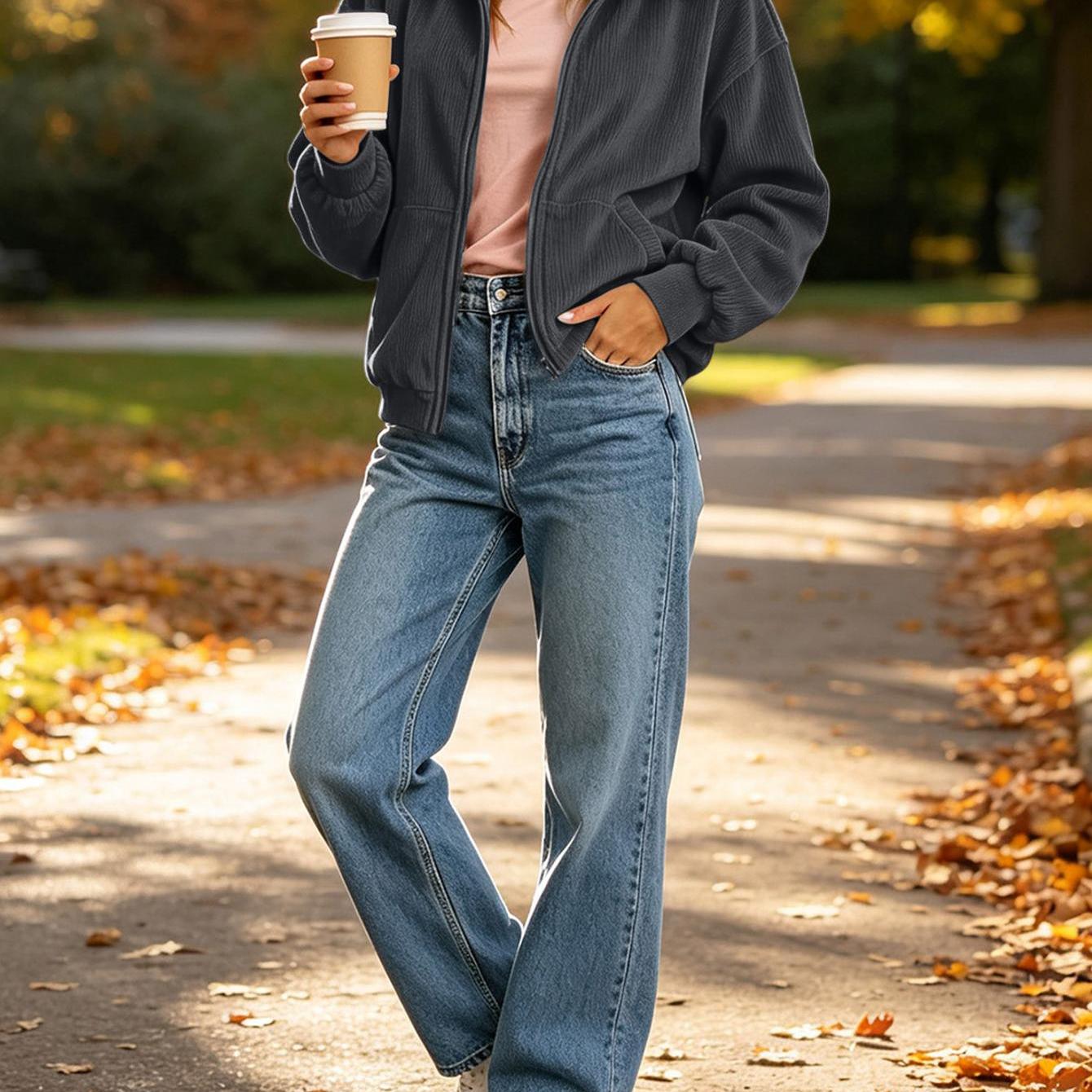 Image of Women's Fashionable Casual Zipper Corduroy Pocket Sweatshirt Long Sleeved S Jacket With Collarand Winter Jacket Top