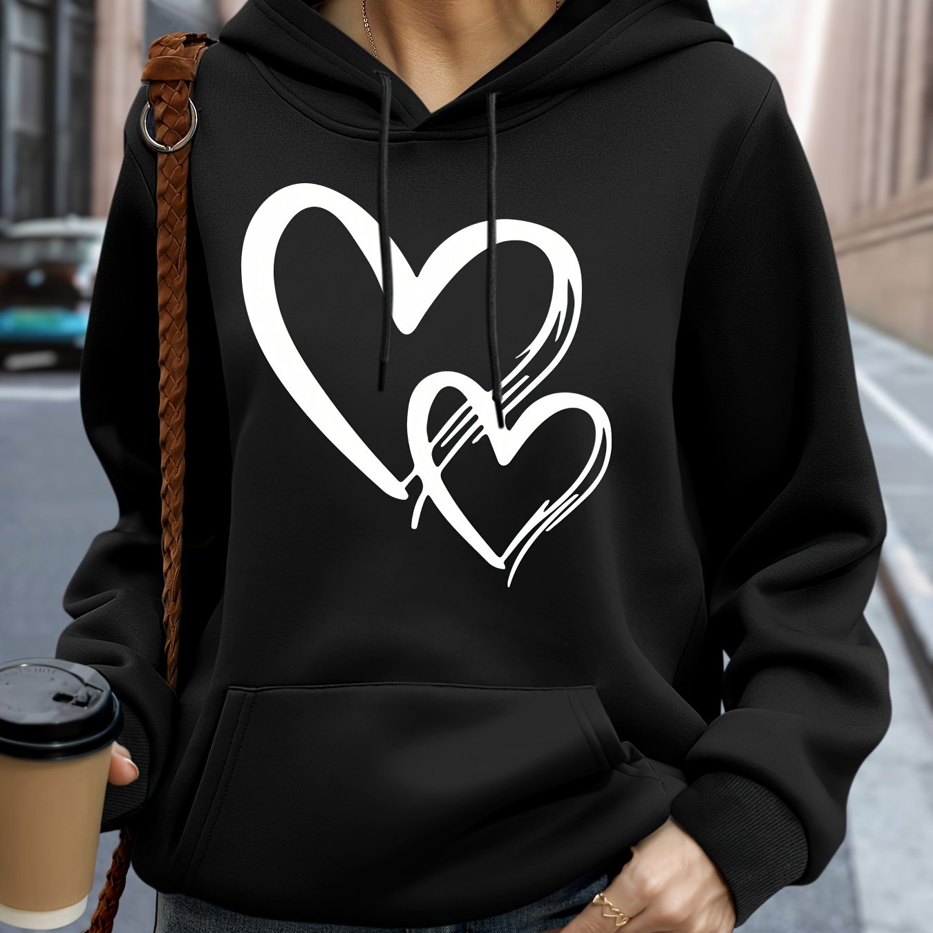TEMU Plus-Size, Plus-Size Hoodie mit Herz-Print, Lässiges Kapuzen-Sweatshirt mit Kordelzug für Winter & Herbst, Damenbekleidung in Übergröße