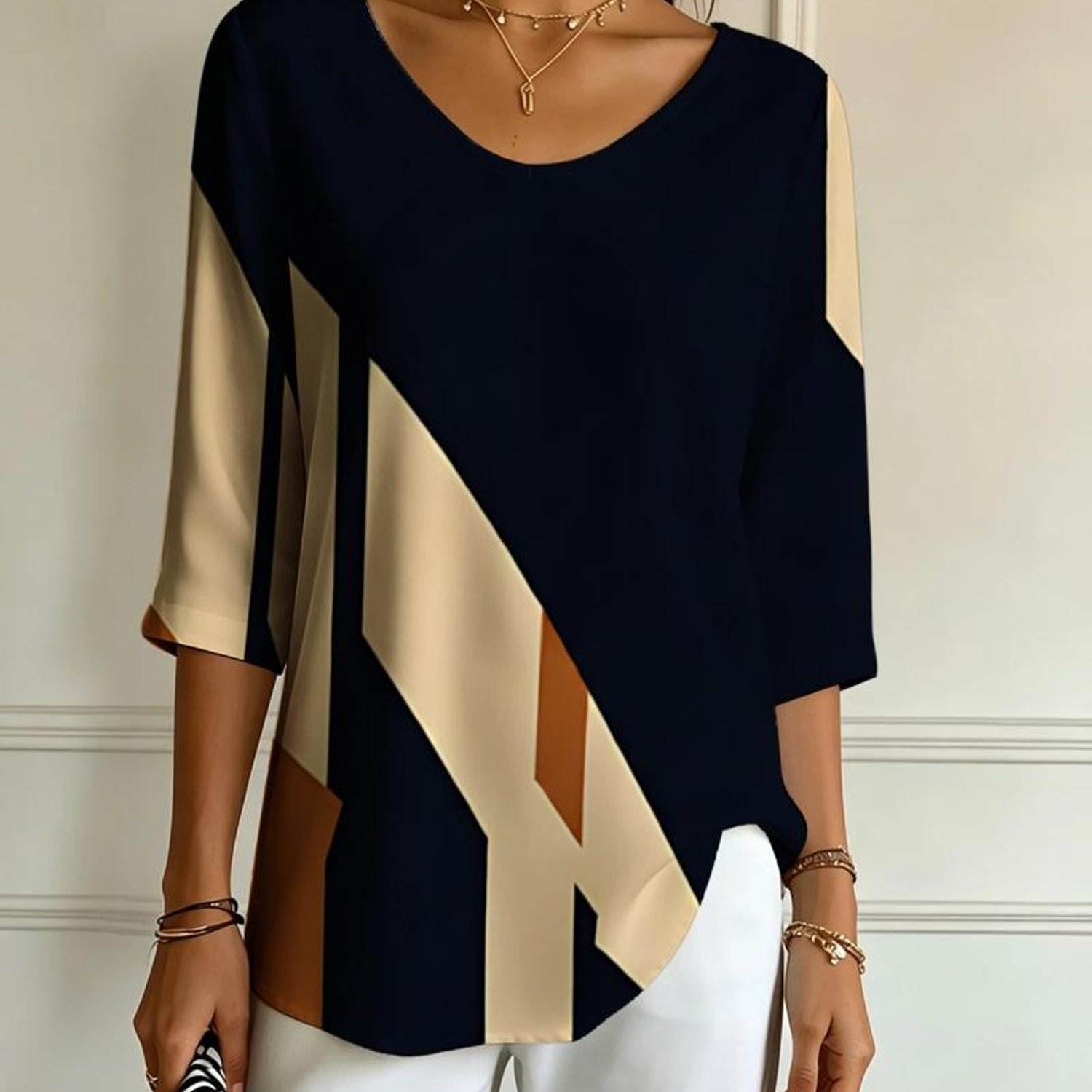 TEMU Women's Fashion V - Neck 3 - Quarter Sleeve T - Shirt, Mixed Color, Multiple Specifications ,, Abstract Geometric Pattern, Modern Minimalist