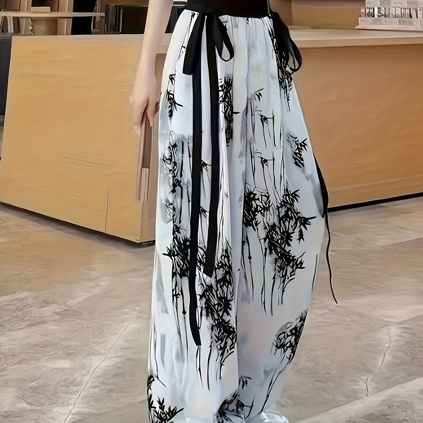 Image of Elegant Bamboo Print Wide-leg Pants, Casual Spring/autumn Long Pants, Women's Clothing