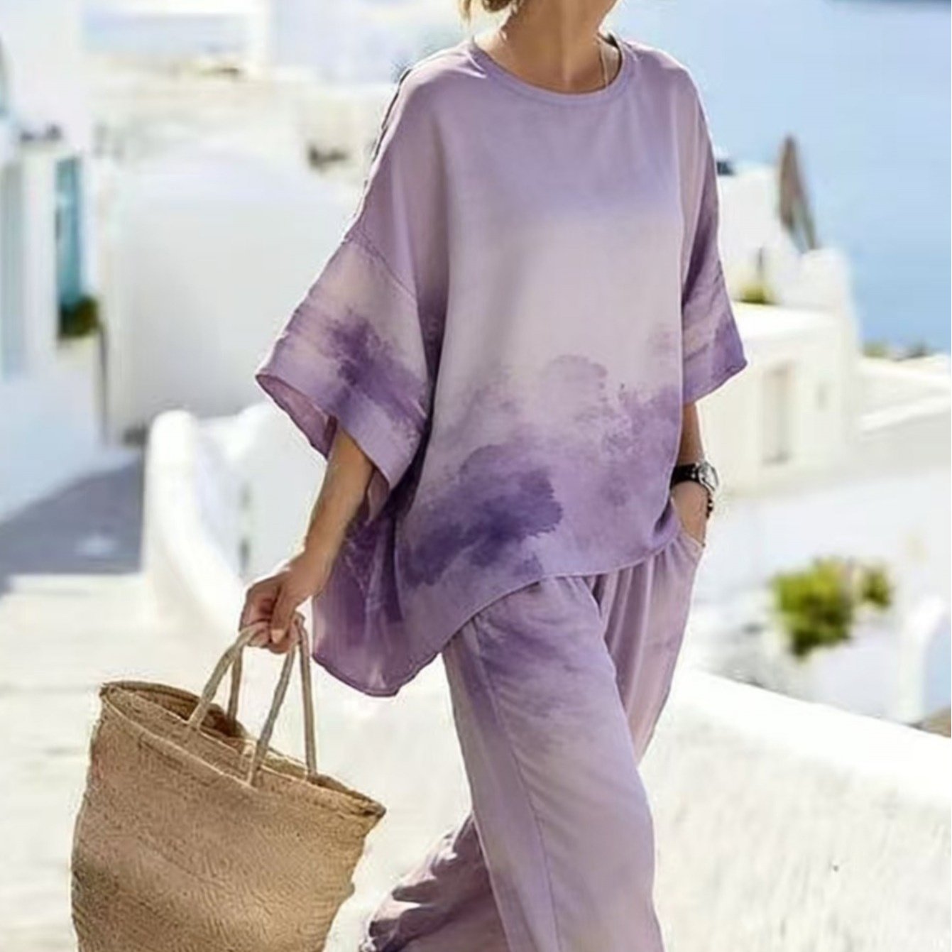 Image of A Soft, Muted With Ink-wash Texture Details, Loose And , Short-sleeved Top With Wide-leg Pants. Suitable For Home And , Combining Style And Practicality