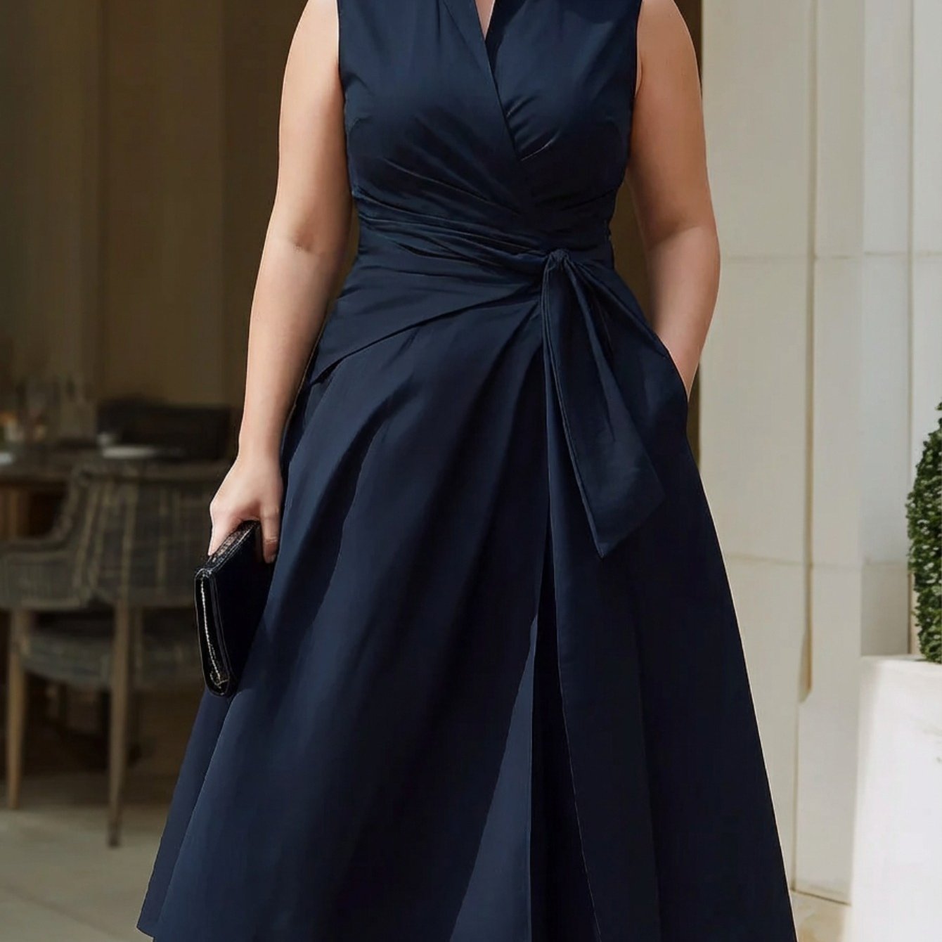TEMU Plus Size - Plus Size - Plus Size Navy Stand Collar Waist Sleeveless Flared Midi Dress Women's Style | Sophisticated Elegant Vibe Perfect For