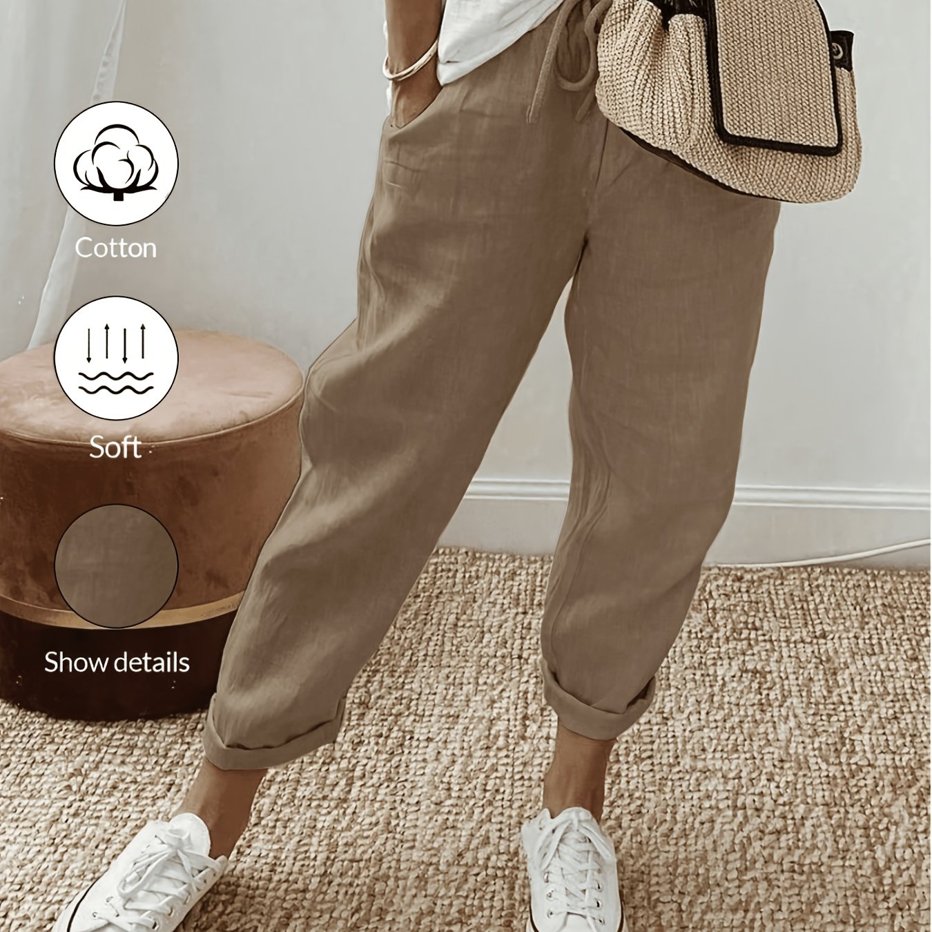 Image of Solid Color Elastic Waist Tapered Pants, Slanted Pockets, Drawstring Design, Casual Look, Women's Spring Summer Fall Casual Pocket Ankle-cinching Khaki Regular Fit Bermuda Shorts, Casual Wear
